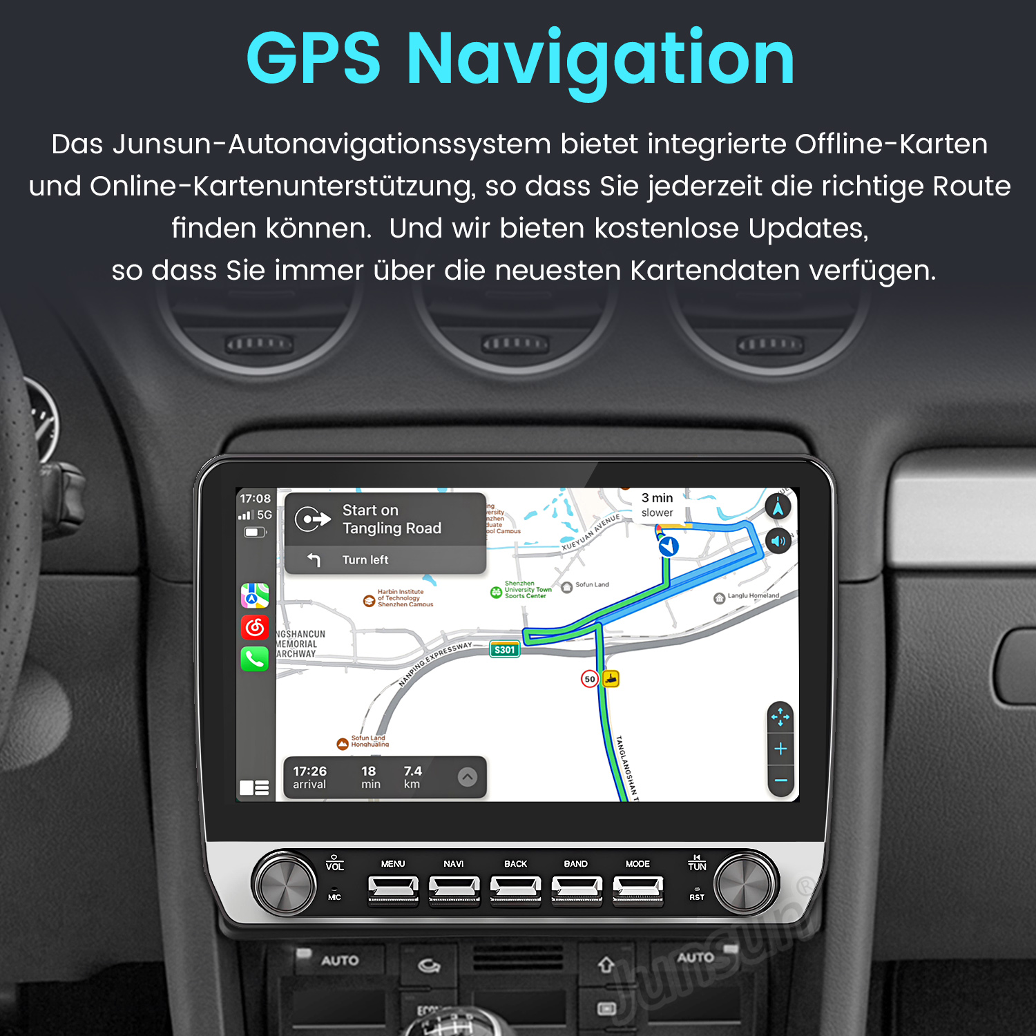 Ein Autonavigationssystem mit GPS und Routenkarte auf dem Bildschirm.