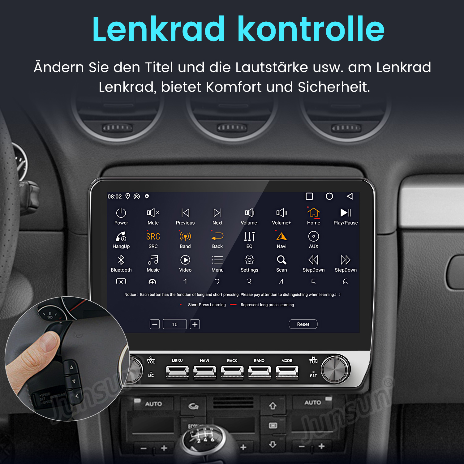 Autoinnenraum mit Touchscreen und Zoom auf die Lenkradsteuerung für Medien.