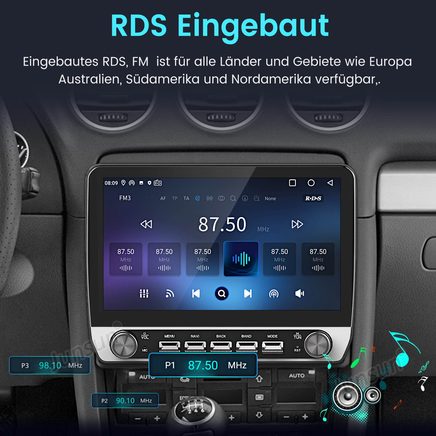 Ein Car-Audio-System im Auto zeigt das FM-Radio-Menü mit RDS-Funktion und Bedienelementen an.