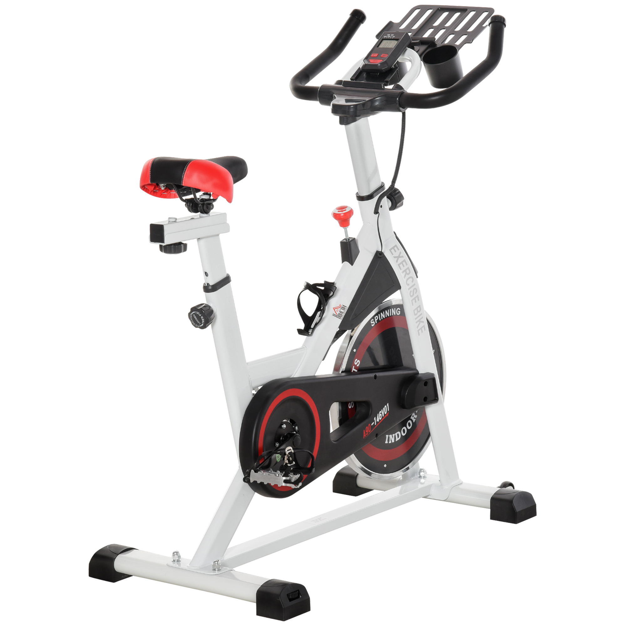 Una cyclette bianca con sedile rosso e nero e un dettaglio rosso sul volano.