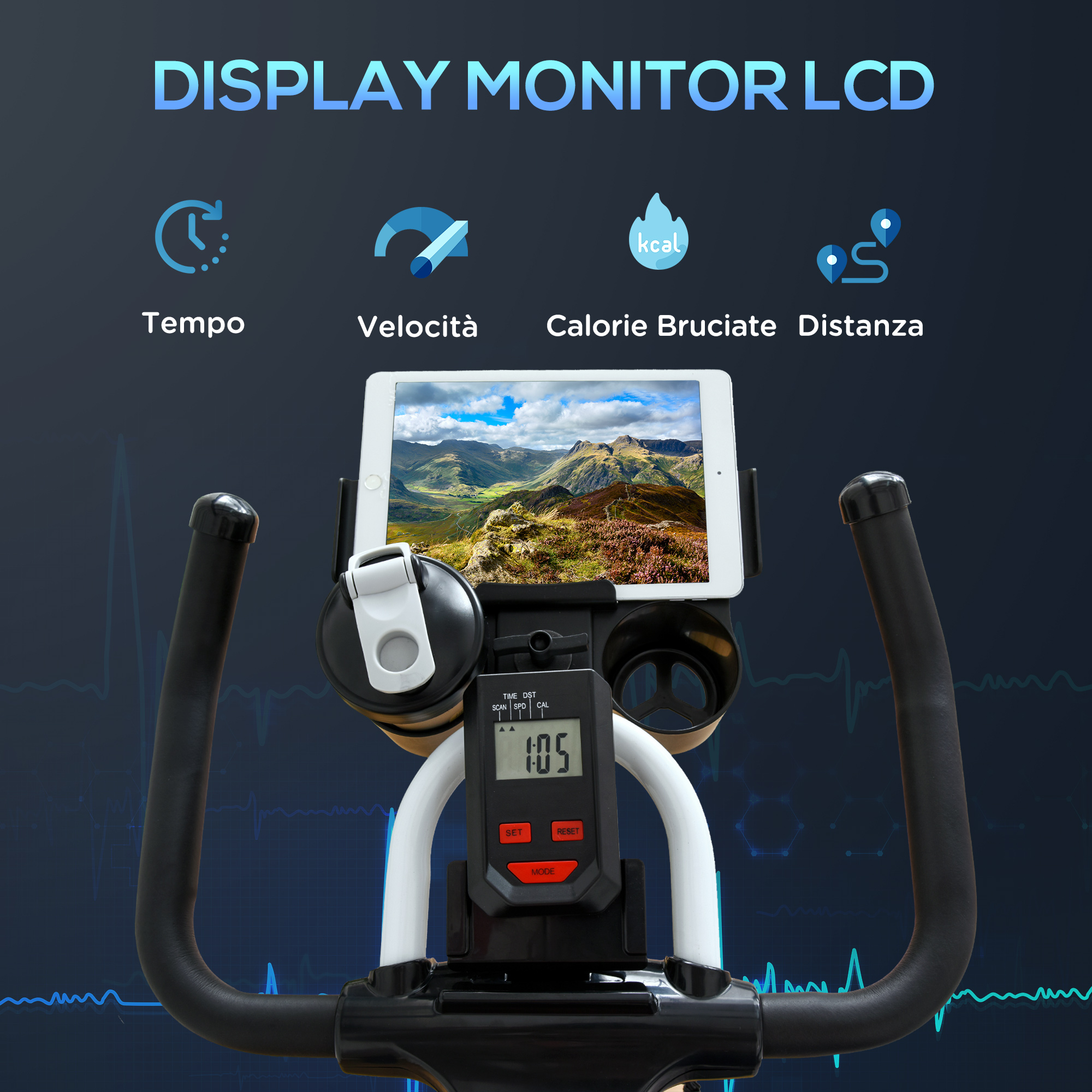 Console cyclette con display, supporto per tablet, bottiglia e icone metriche.