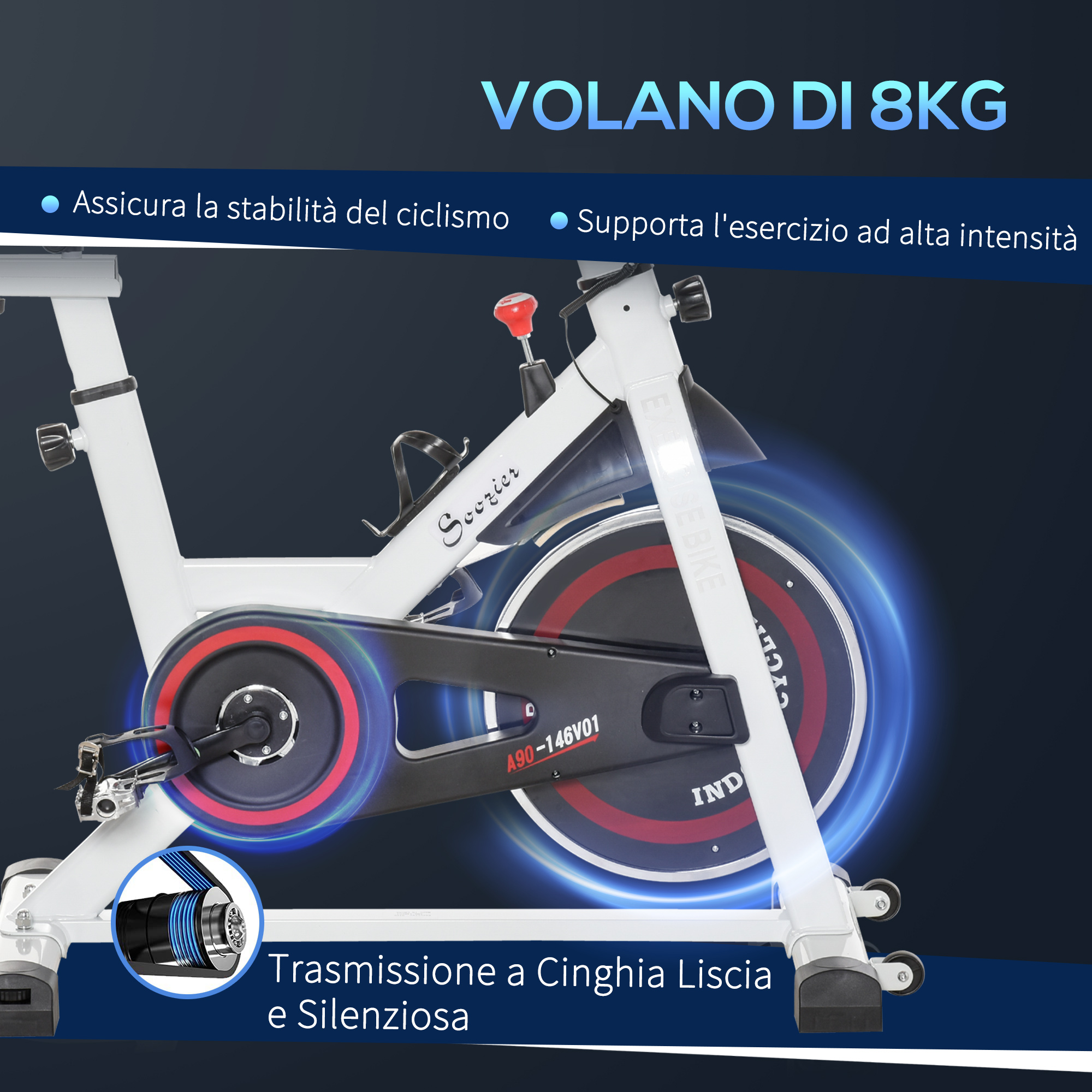 Cyclette bianca con volano da 8 kg e trasmissione a cinghia liscia e silenziosa.