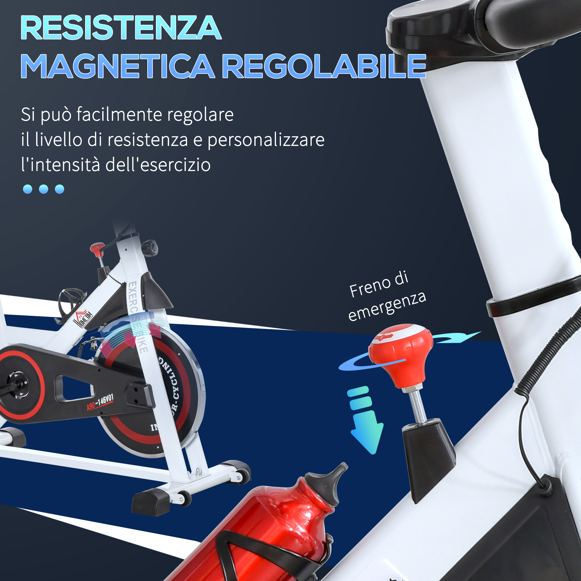 Una cyclette mostra la manopola di resistenza rossa e una borraccia rossa.