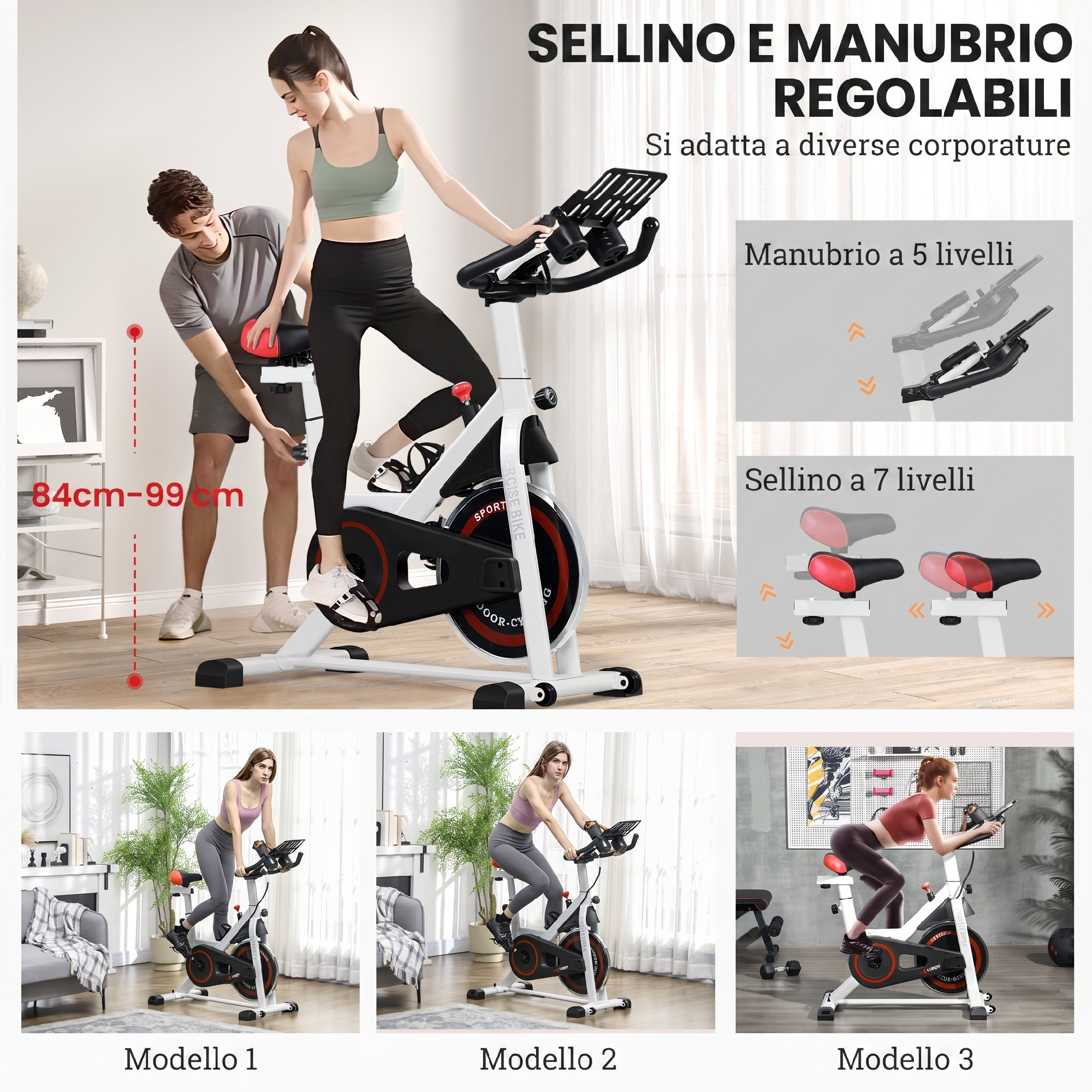 Una donna regola una cyclette aiutata da un uomo; i riquadri mostrano altezze regolabili di sella e manubrio.