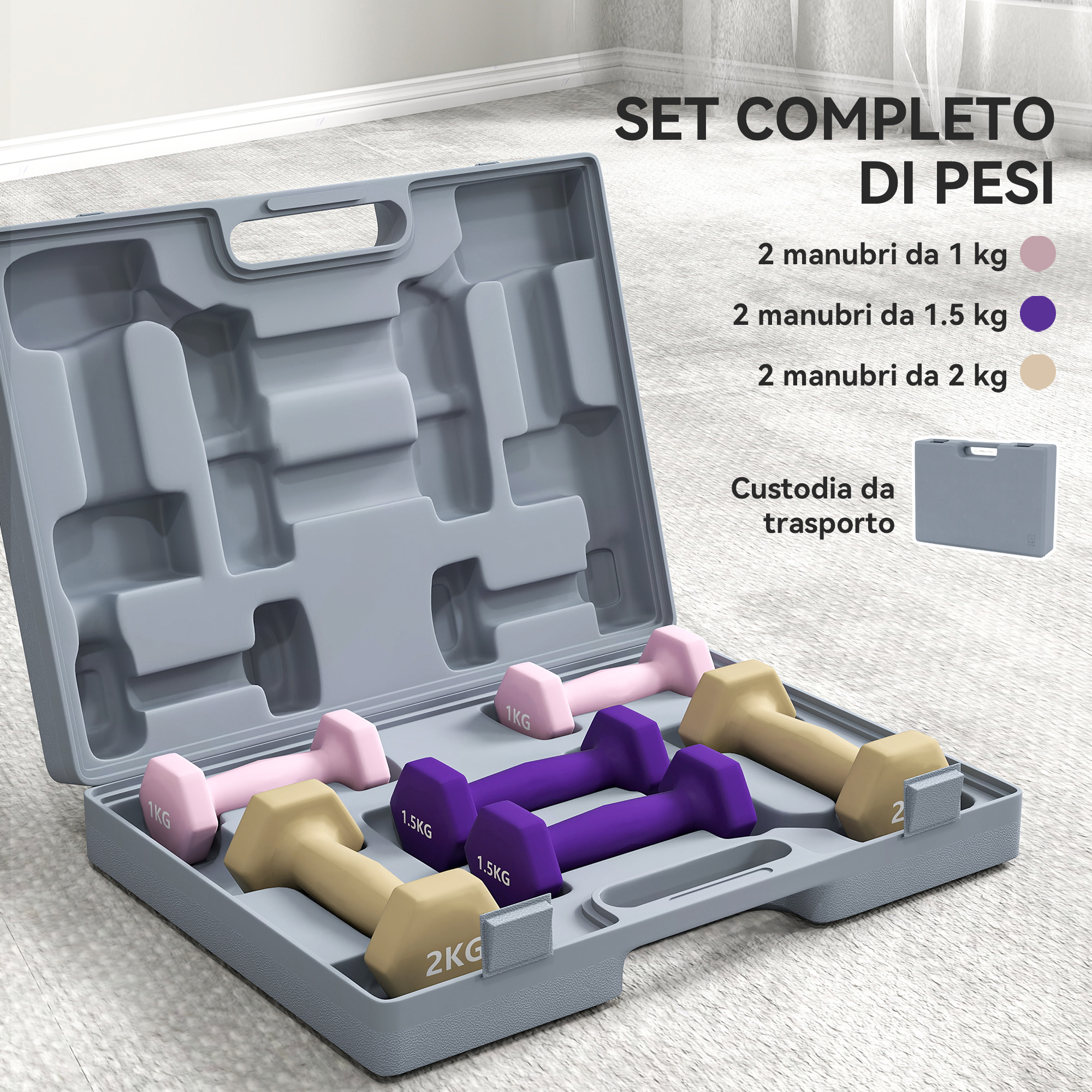 Una valigetta grigia aperta contiene sei manubri colorati di vari pesi.