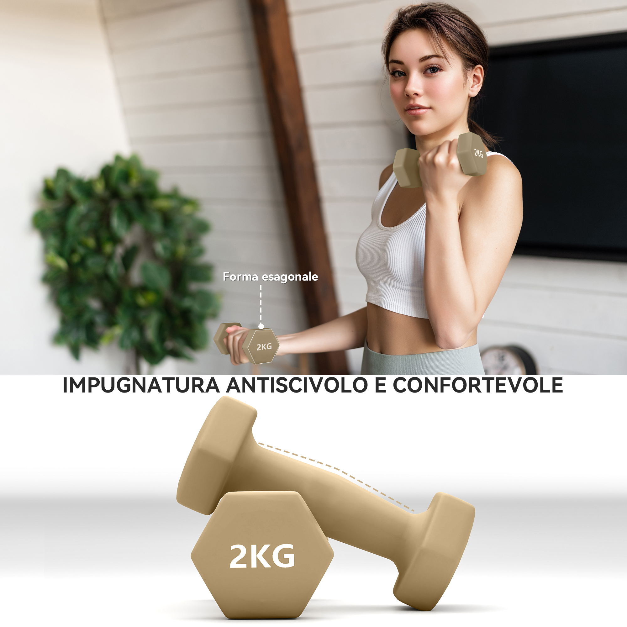 Una donna in abbigliamento sportivo solleva manubri da 2kg, con primo piano in basso.