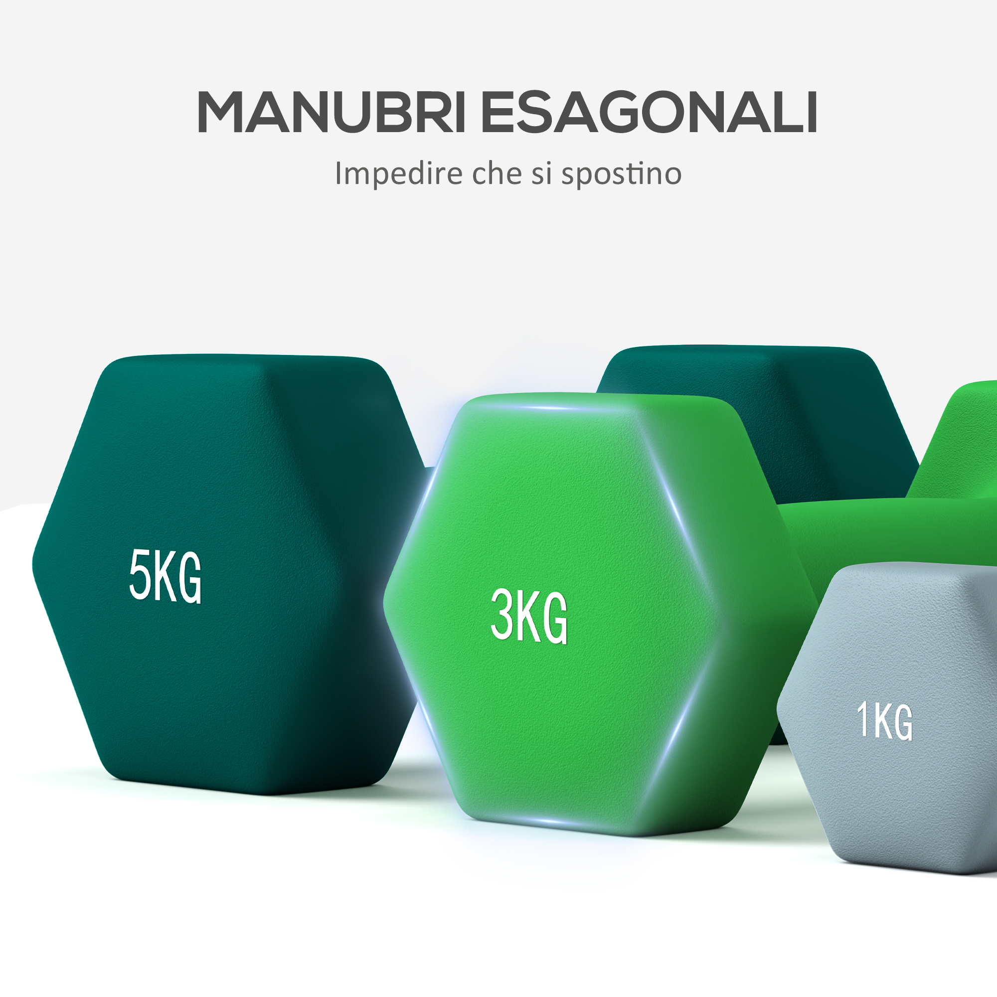 Tre manubri esagonali colorati da 5 kg, 3 kg e 1 kg.
