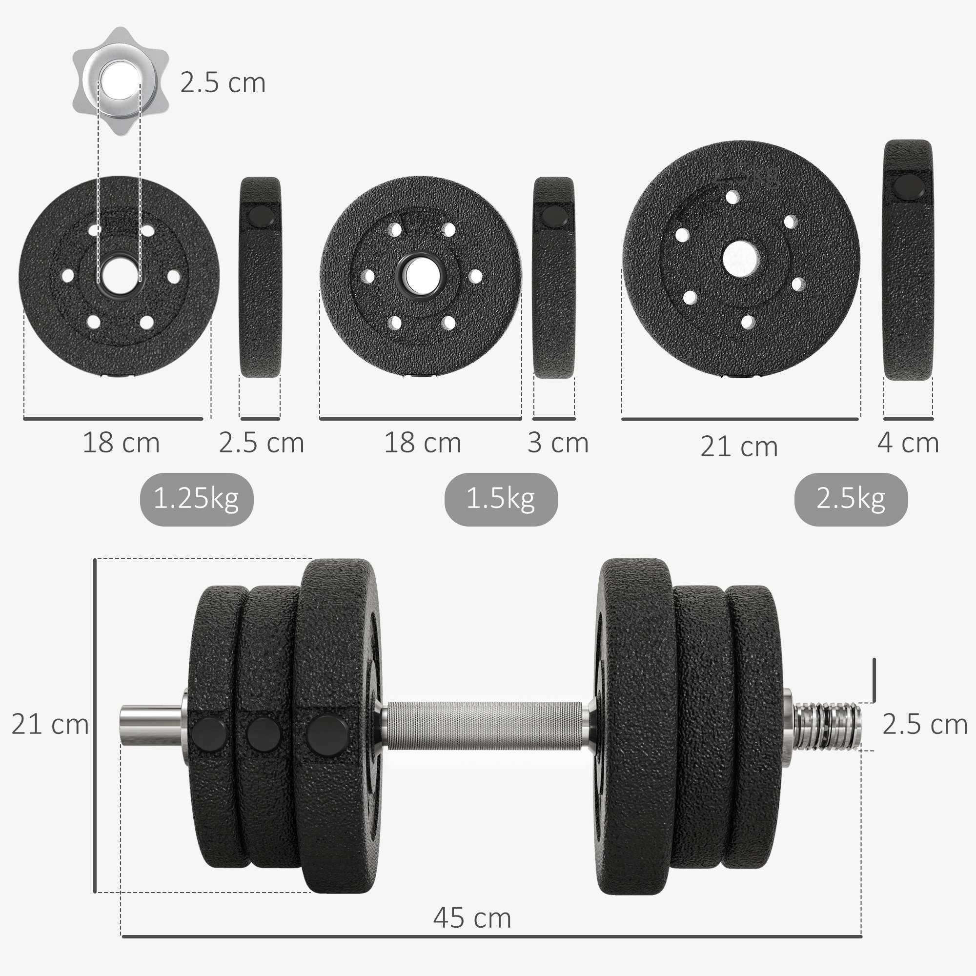 Il diagramma mostra le dimensioni di un set di manubri regolabili con vari dischi di peso.