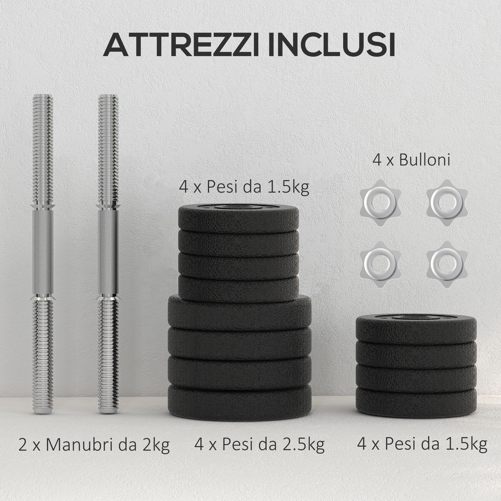 Set di attrezzi con due manubri, dischi di peso e quattro ghiere a stella.