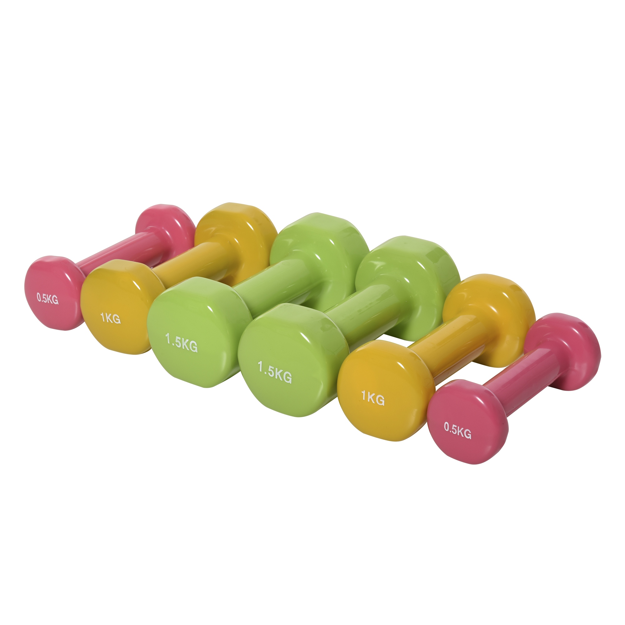 Sei manubri in neoprene colorati di vari pesi da 0,5 kg a 1,5 kg sono disposti in diagonale su sfondo bianco.