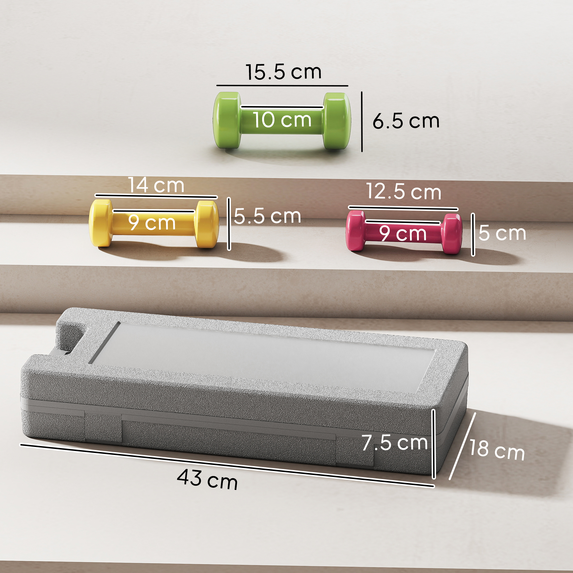 Tre manubri colorati di diverse dimensioni sui gradini e una scatola grigia in basso con le dimensioni.