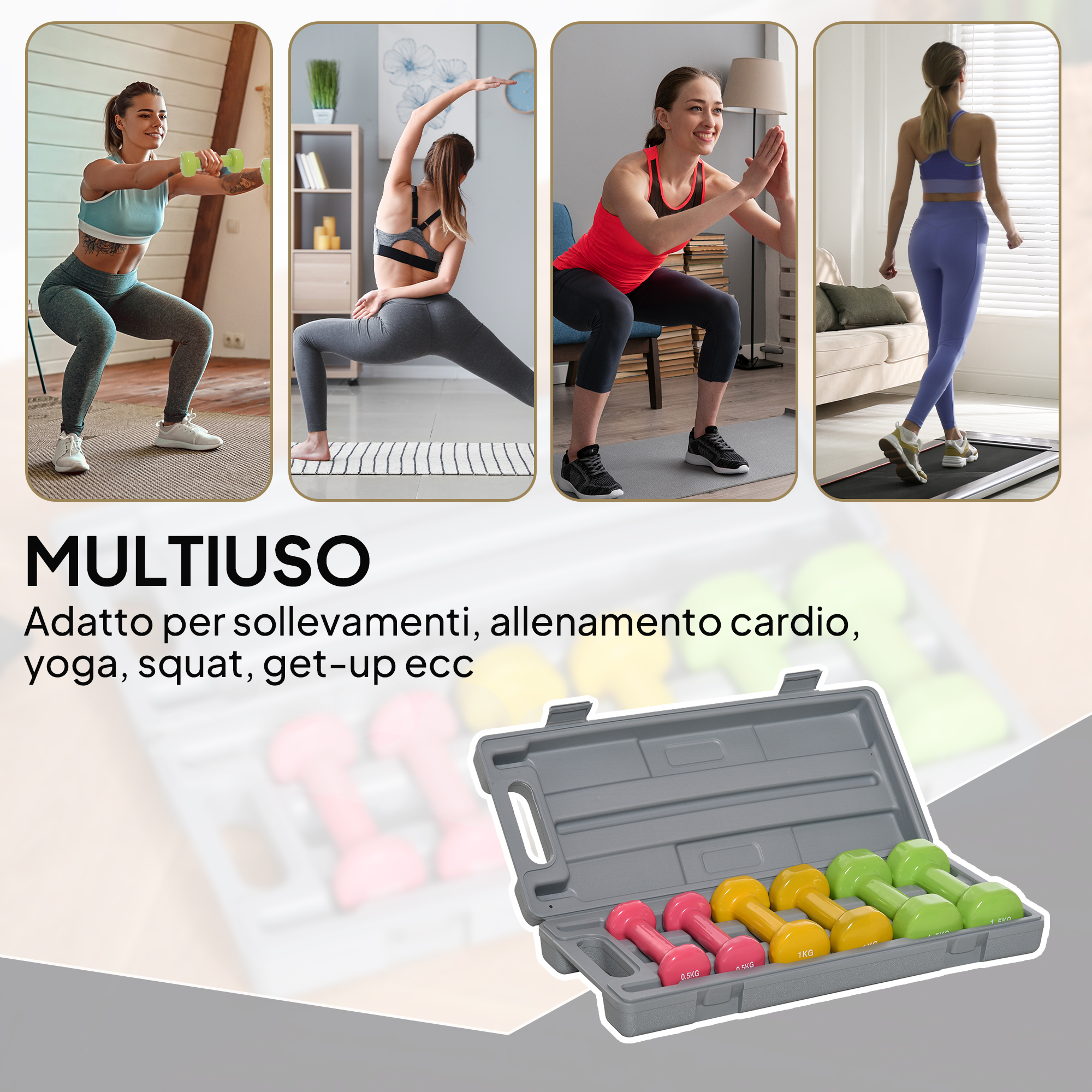 Donne che si allenano con manubri, yoga, squat e tapis roulant, con una valigetta di pesi.