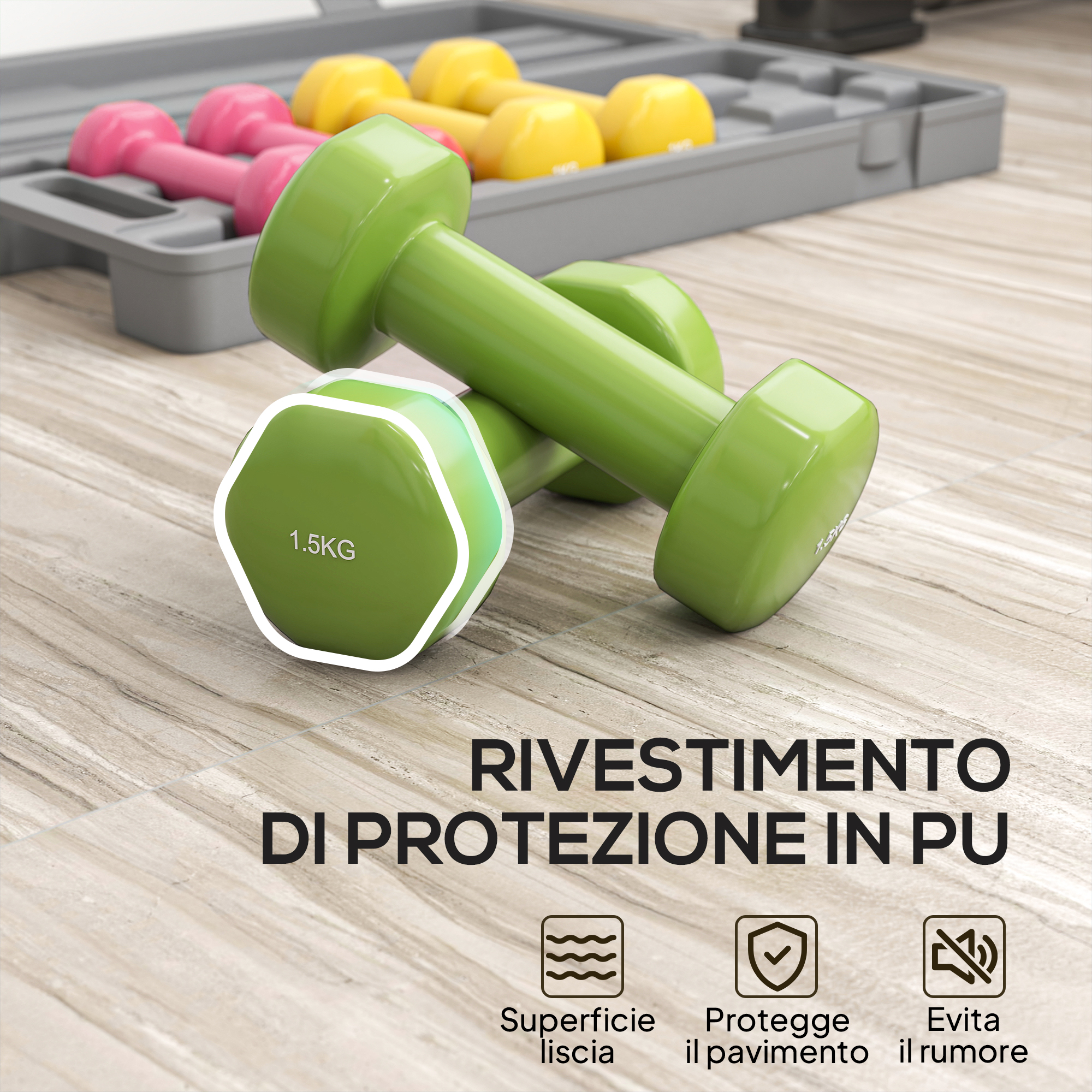 Manubri verdi da 1.5kg in primo piano con testo e icone su pavimento in legno.
