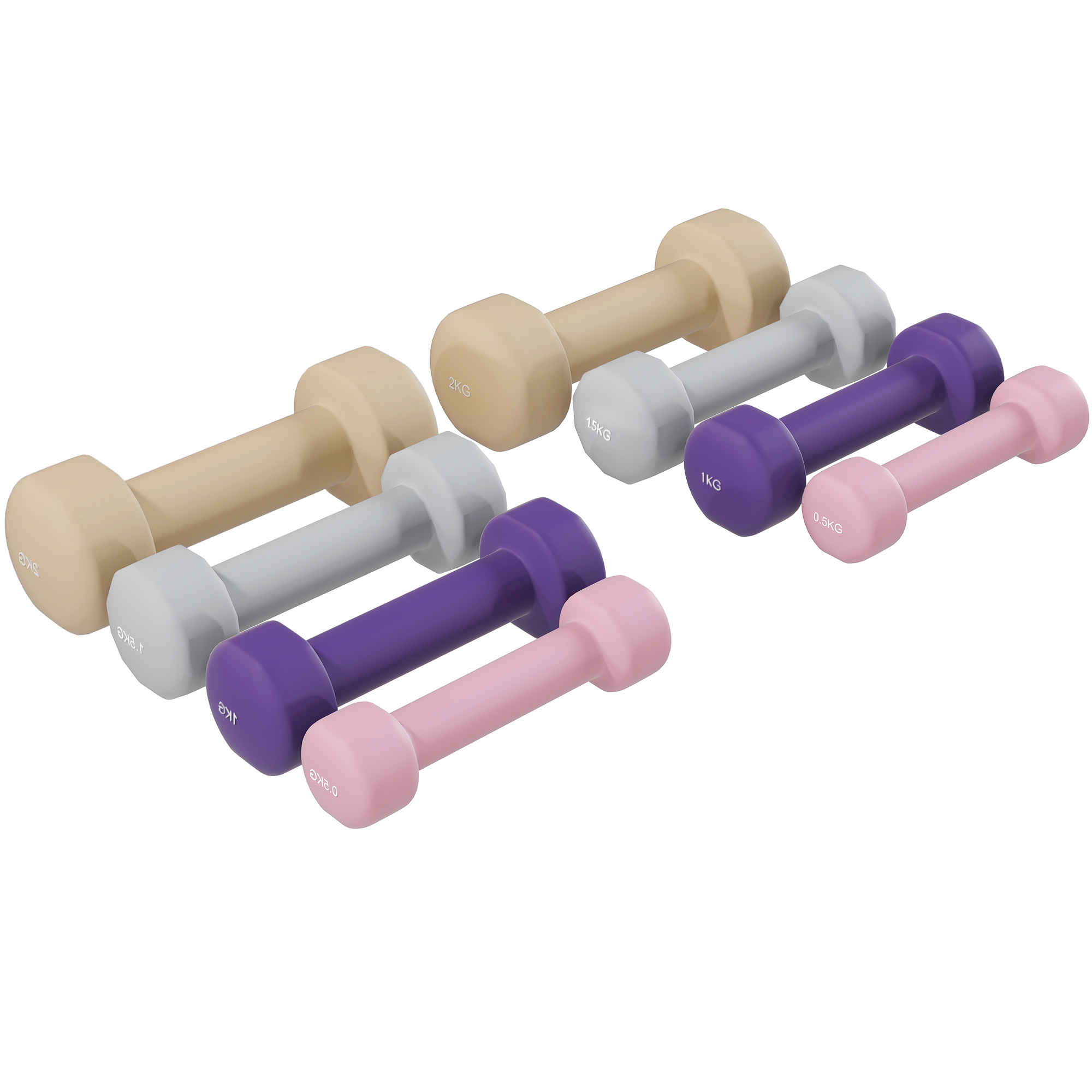 Due set di manubri colorati in neoprene beige, grigio, viola e rosa disposti diagonalmente su sfondo bianco.