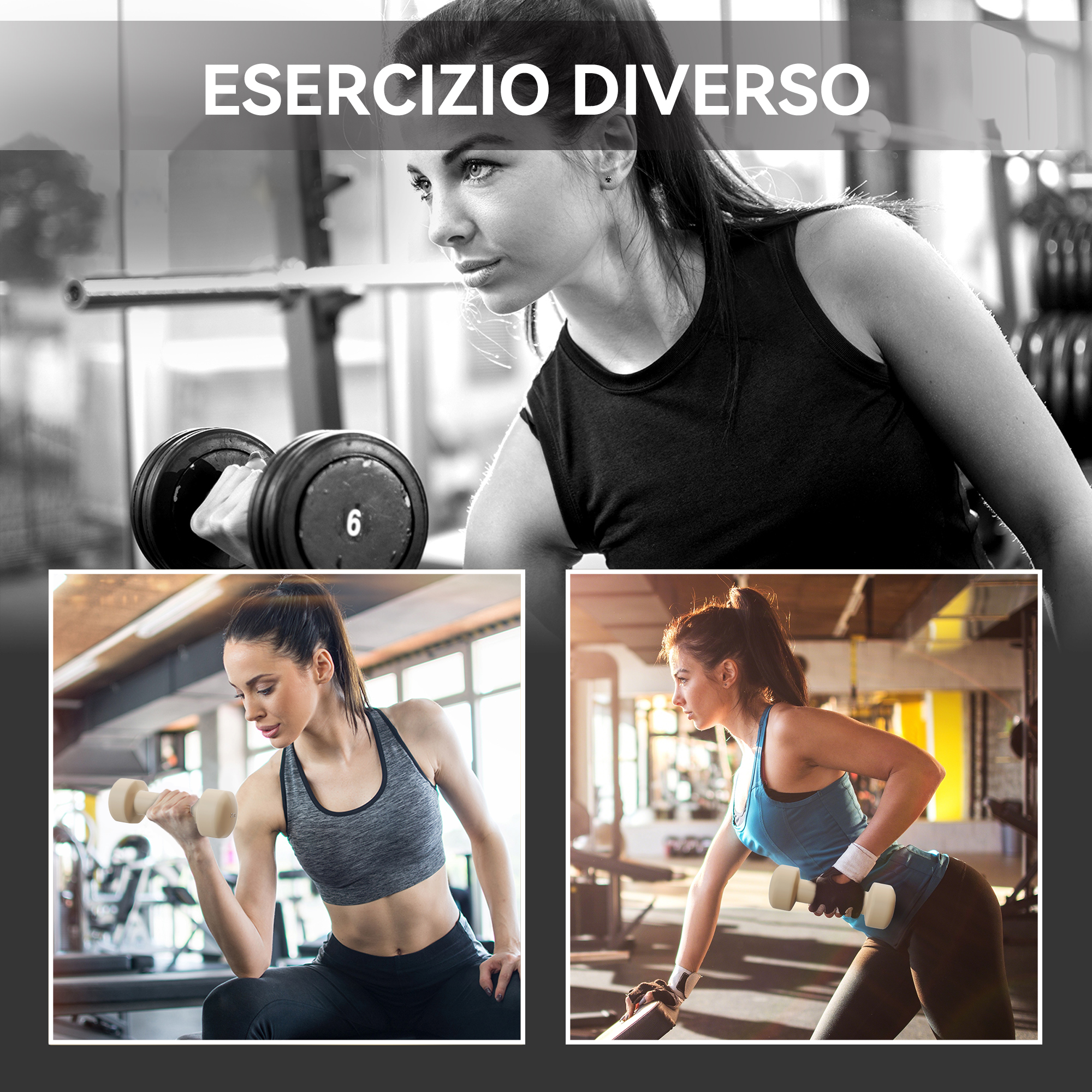Una donna che si allena in palestra, eseguendo vari esercizi con i manubri.