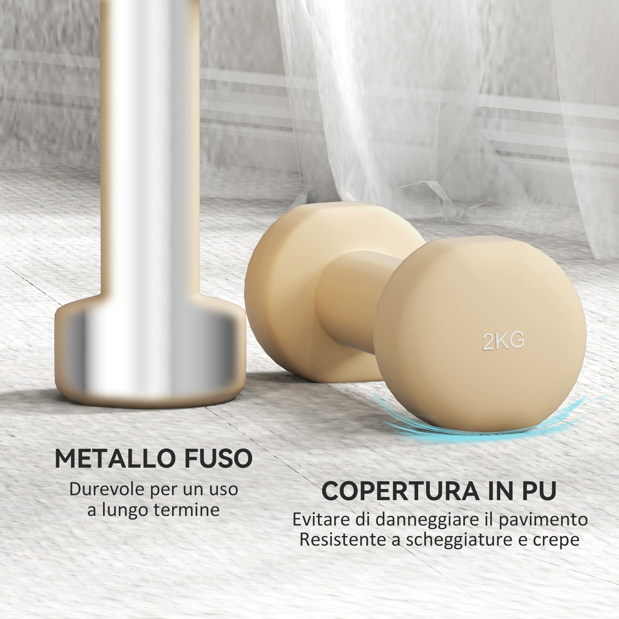 Due manubri beige sul pavimento con testo su metallo fuso e rivestimento in PU.