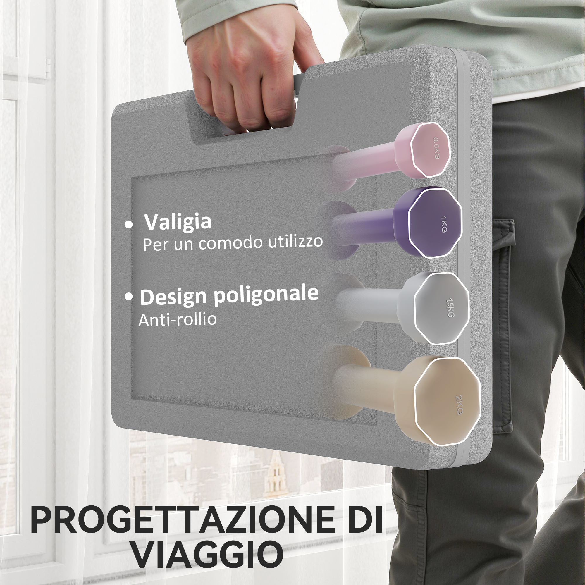 Persona che tiene una valigetta grigia con quattro manubri colorati e testo in italiano.