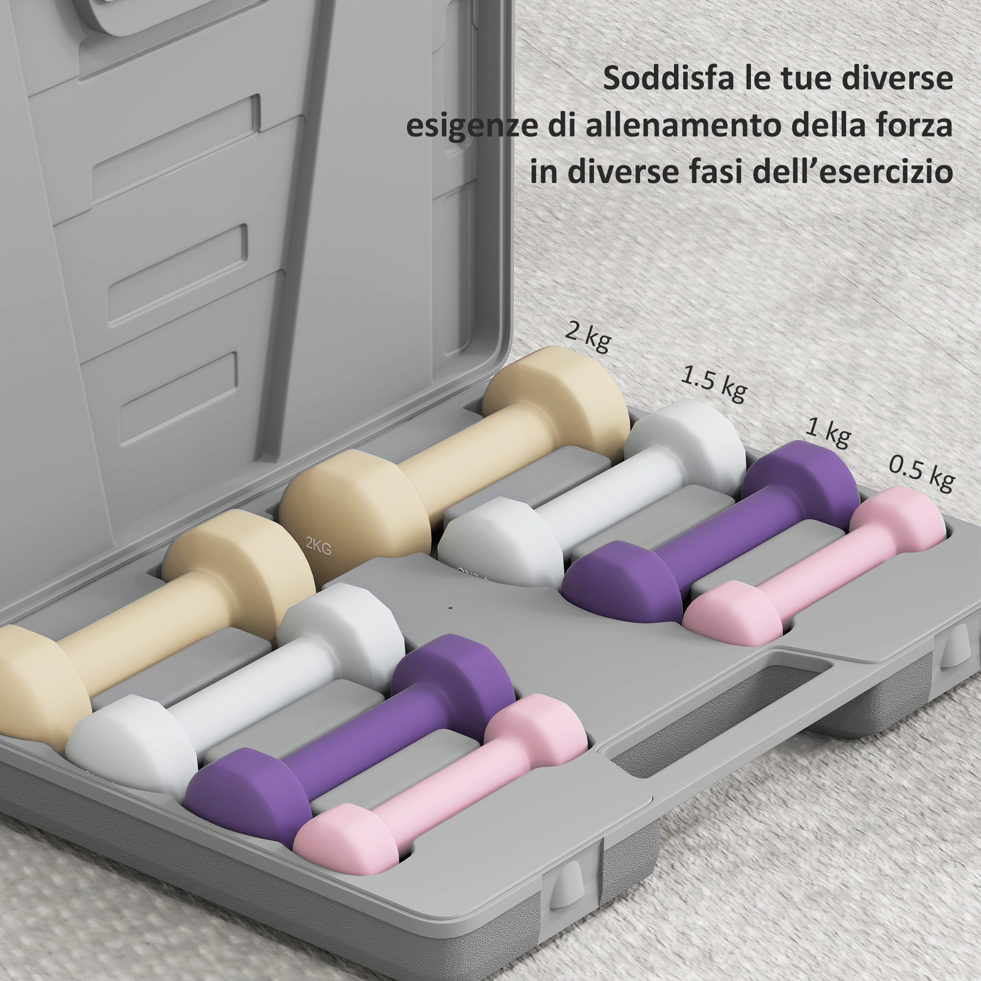 Una valigetta grigia contiene sei manubri colorati di diversi pesi da 0,5 kg a 2 kg.