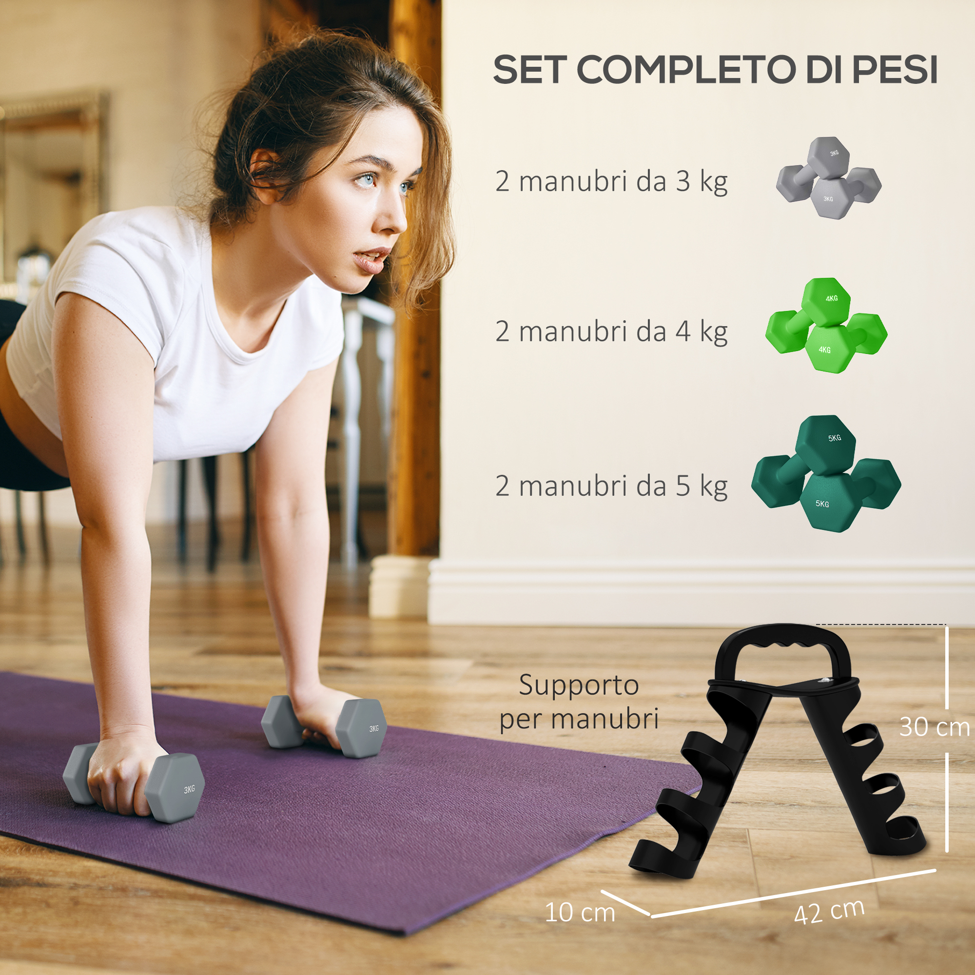 Donna fa flessioni sui manubri; a destra set di pesi in varie grammature e un supporto.