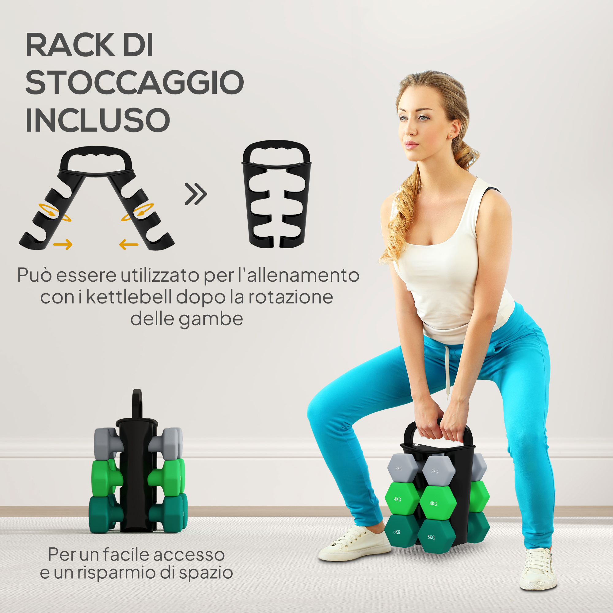 Una donna fa squat usando un set di manubri regolabili e un supporto.