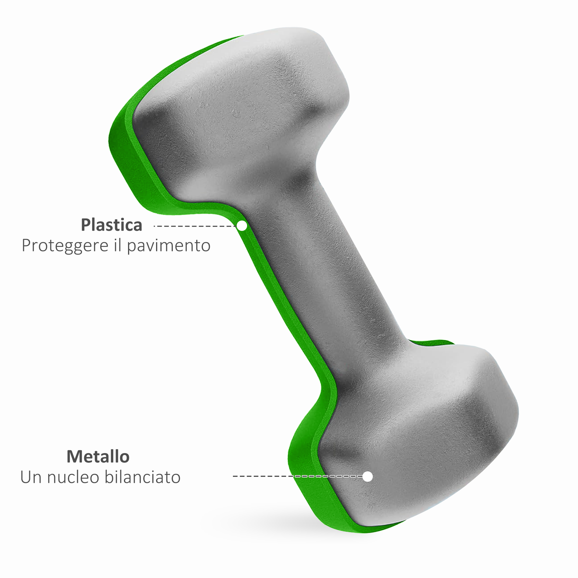 Manubrio grigio con rivestimento in plastica verde e etichette in italiano.