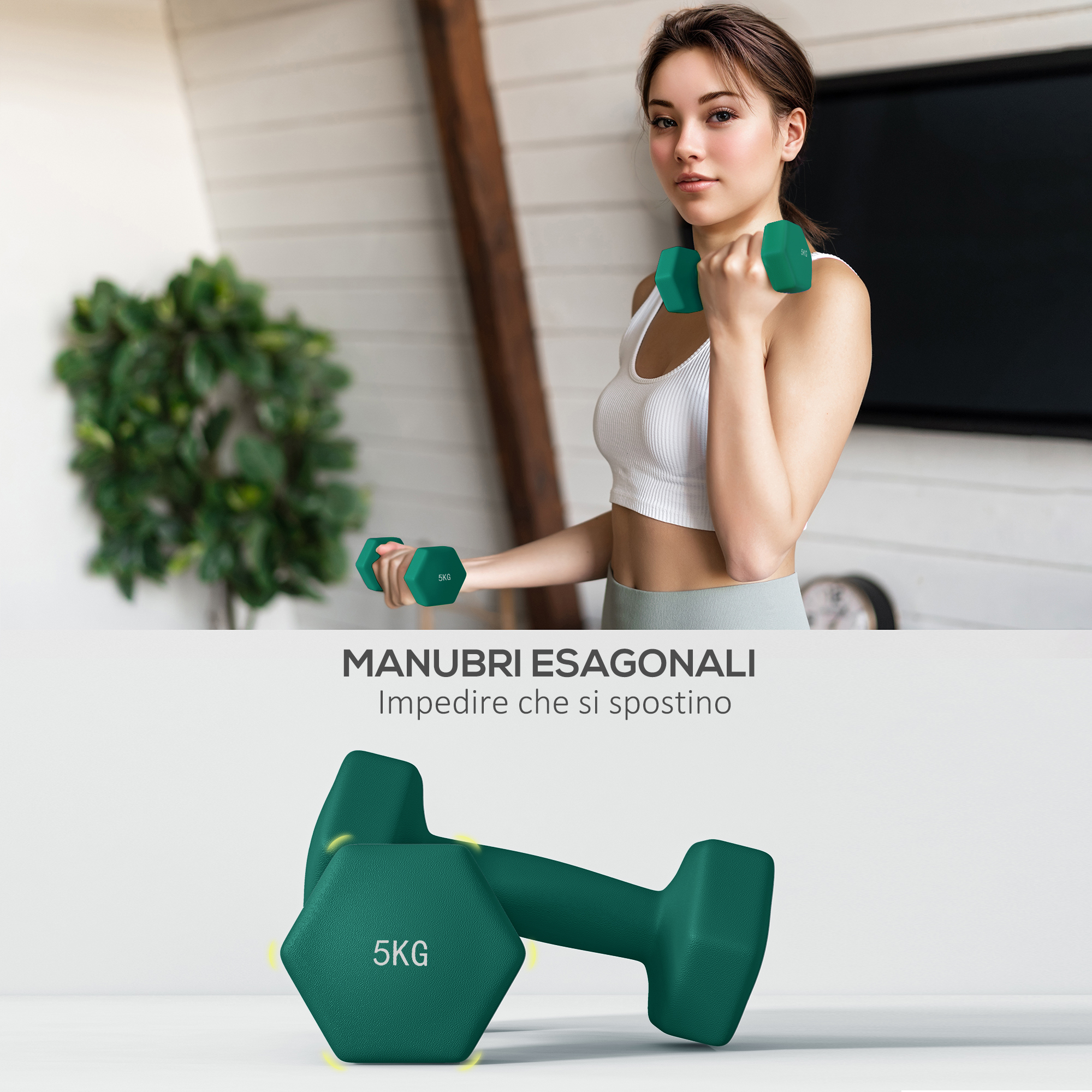 Una donna solleva manubri verdi da 5 kg in una stanza, con due manubri simili in basso.