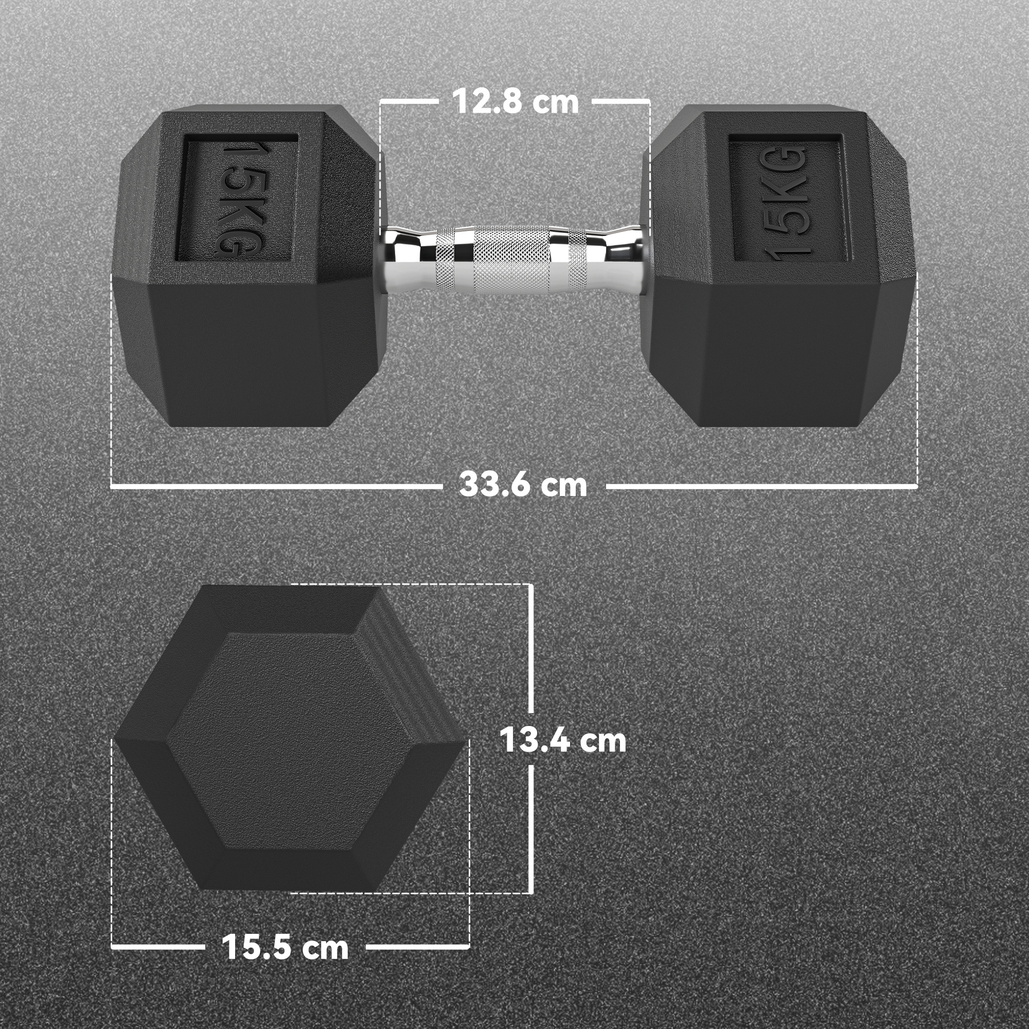 Disegno tecnico e dimensioni di un manubrio da 15 kg con pesi esagonali.