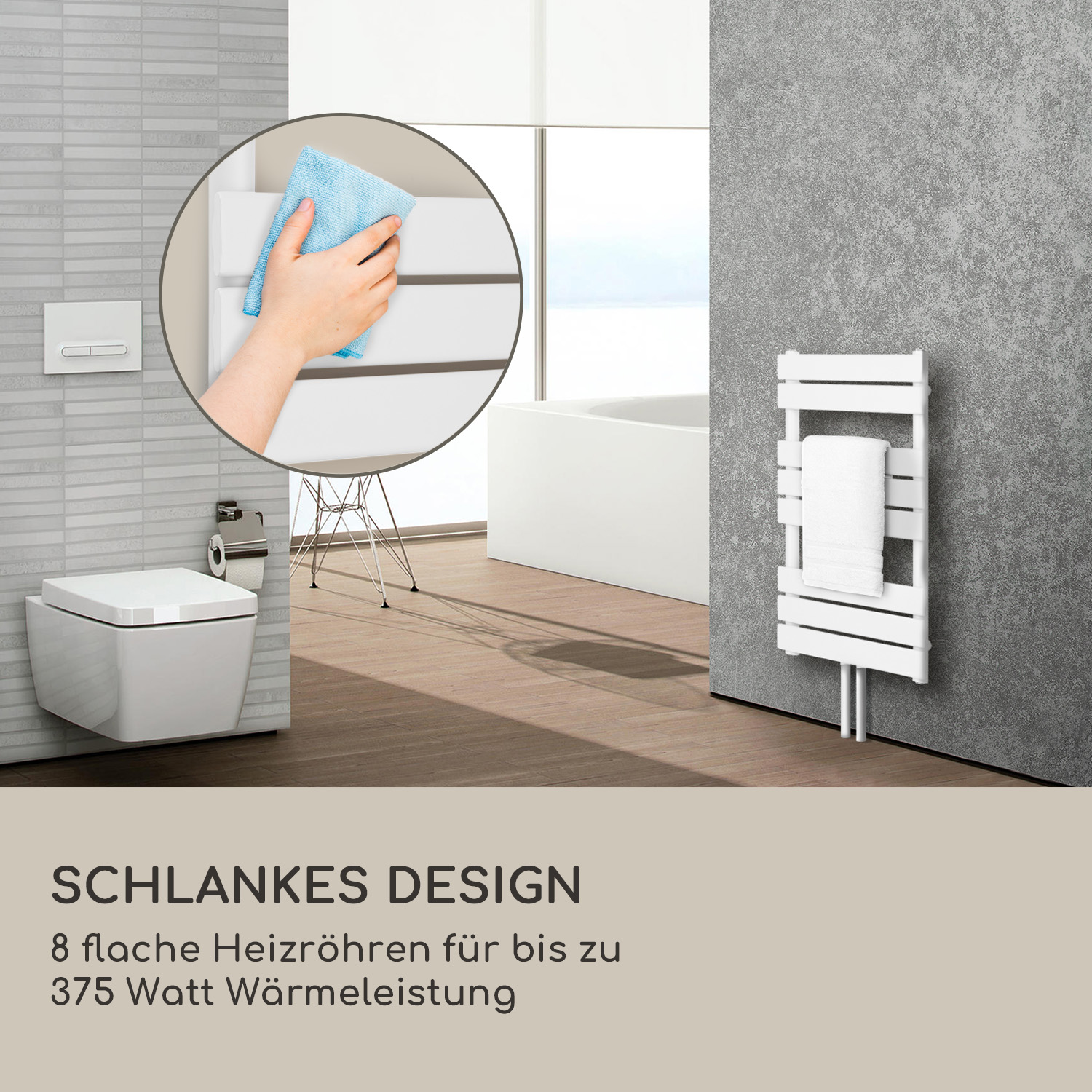 Scaldasalviette in un bagno moderno, un cerchio mostra la pulizia con un panno blu.