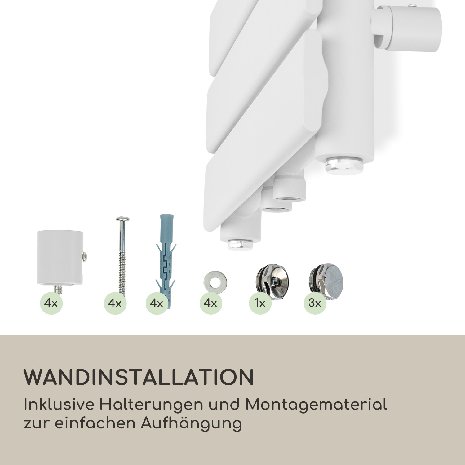 Installazione a parete: termosifone con staffe e materiale di montaggio.