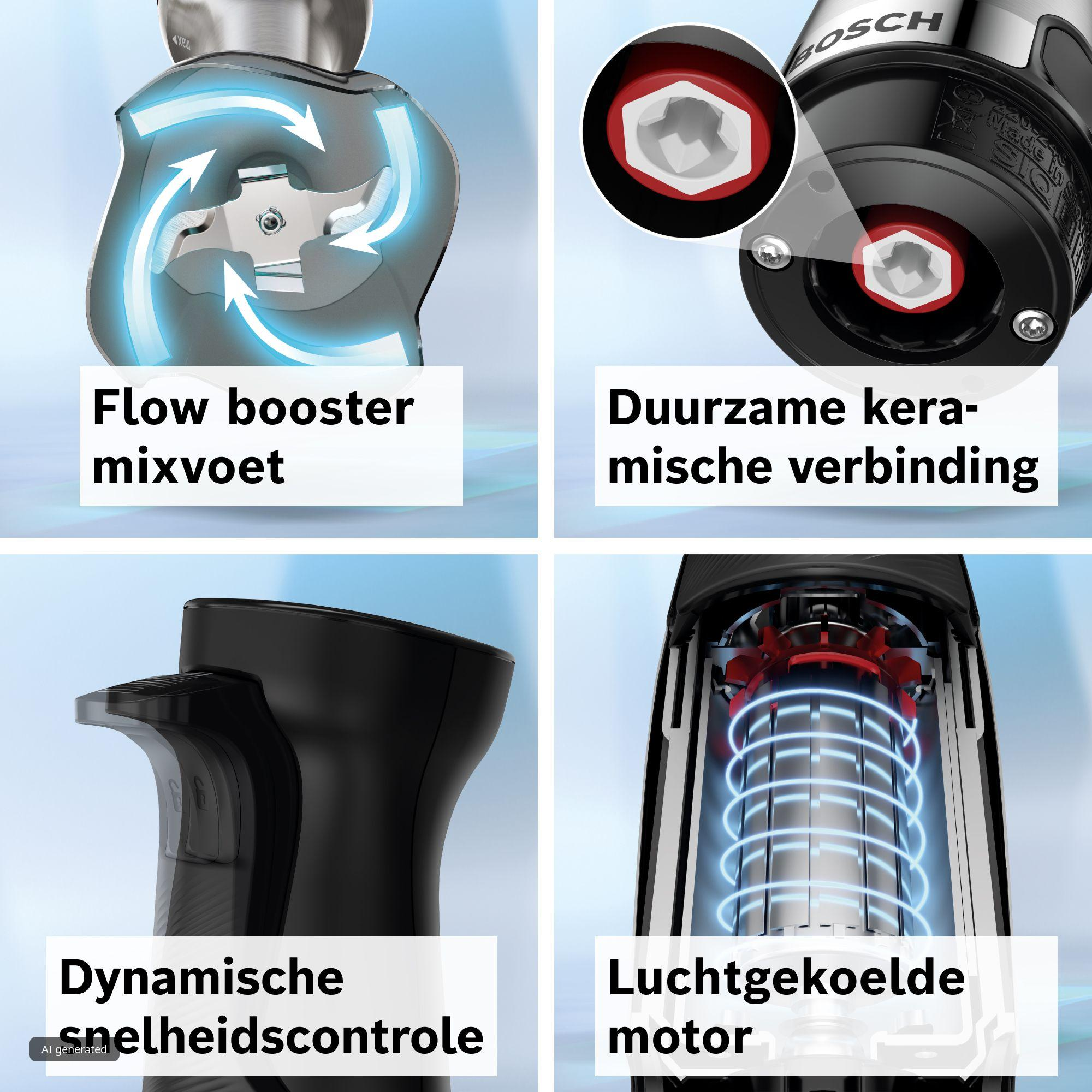 Quattro pannelli mostrano le funzioni del frullatore Bosch: lame, raccordo ceramico, controllo e motore.