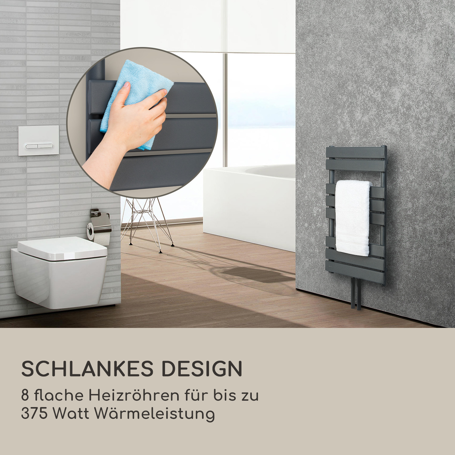 Moderna parete del bagno con scaldasalviette antracite, asciugamano bianco e inserto per la pulizia ingrandito.