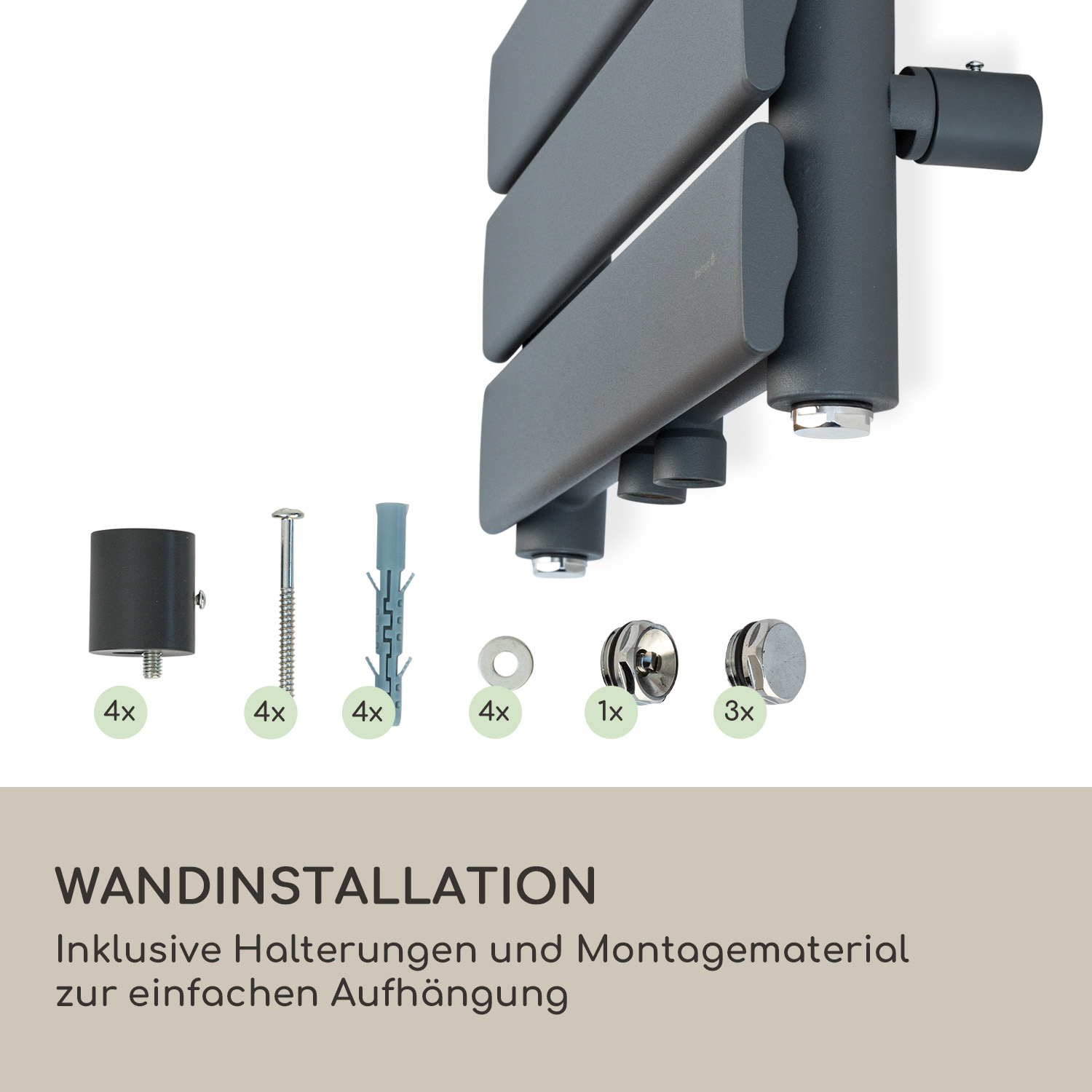 Radiatore grigio con staffe, viti, tasselli, rondelle e tappi su sfondo bianco e beige.