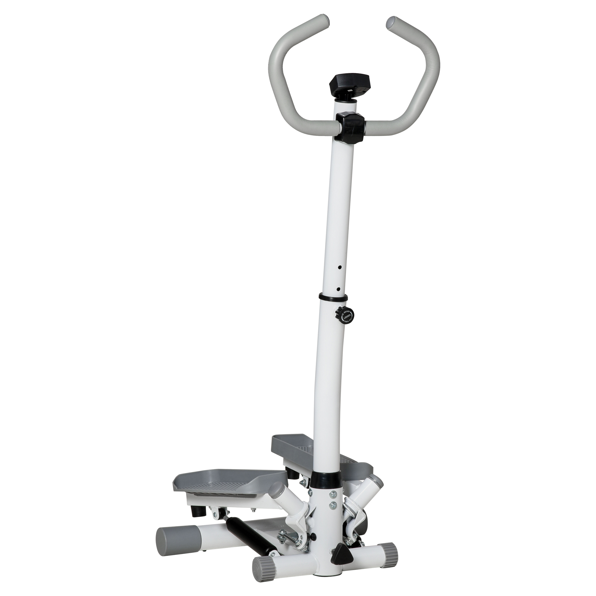Stepper bianco con pedali e manubrio grigi su sfondo bianco.
