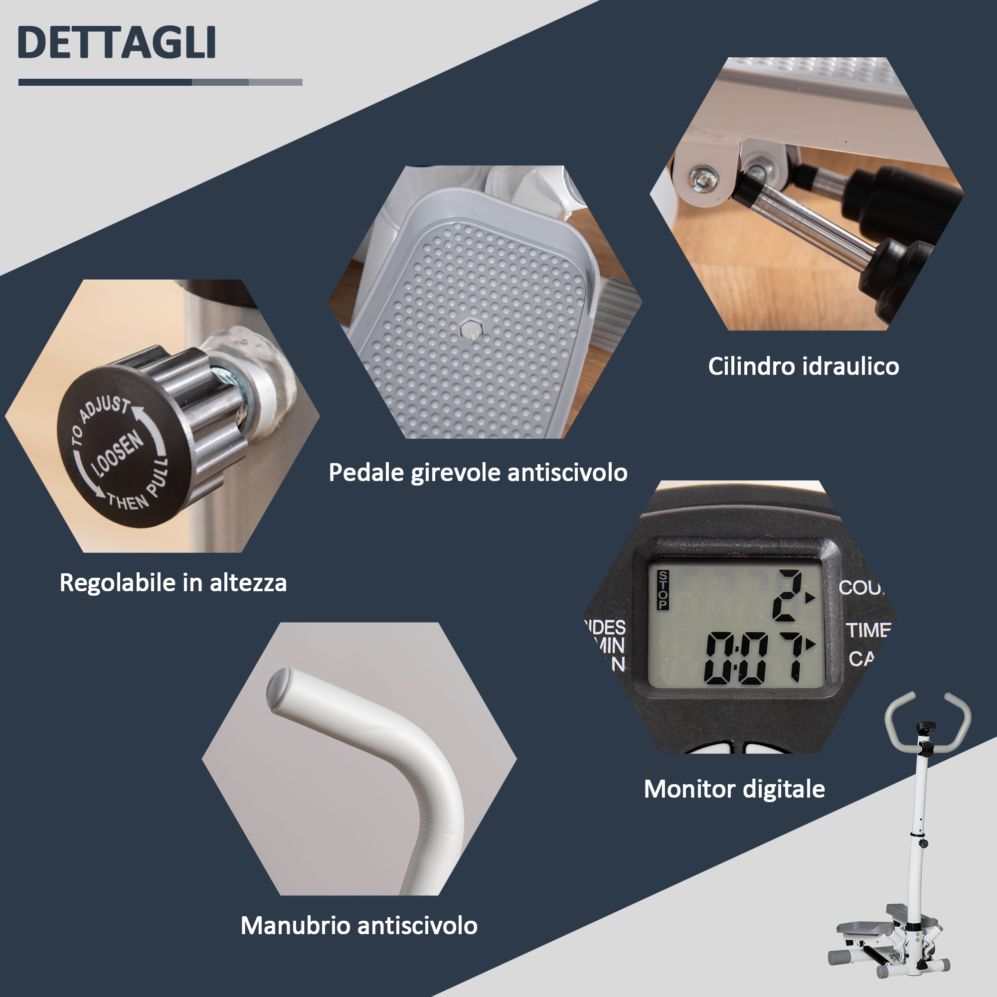 Primi piani dettagliati di uno stepper con monitor LCD, cilindro idraulico e manubrio regolabile.