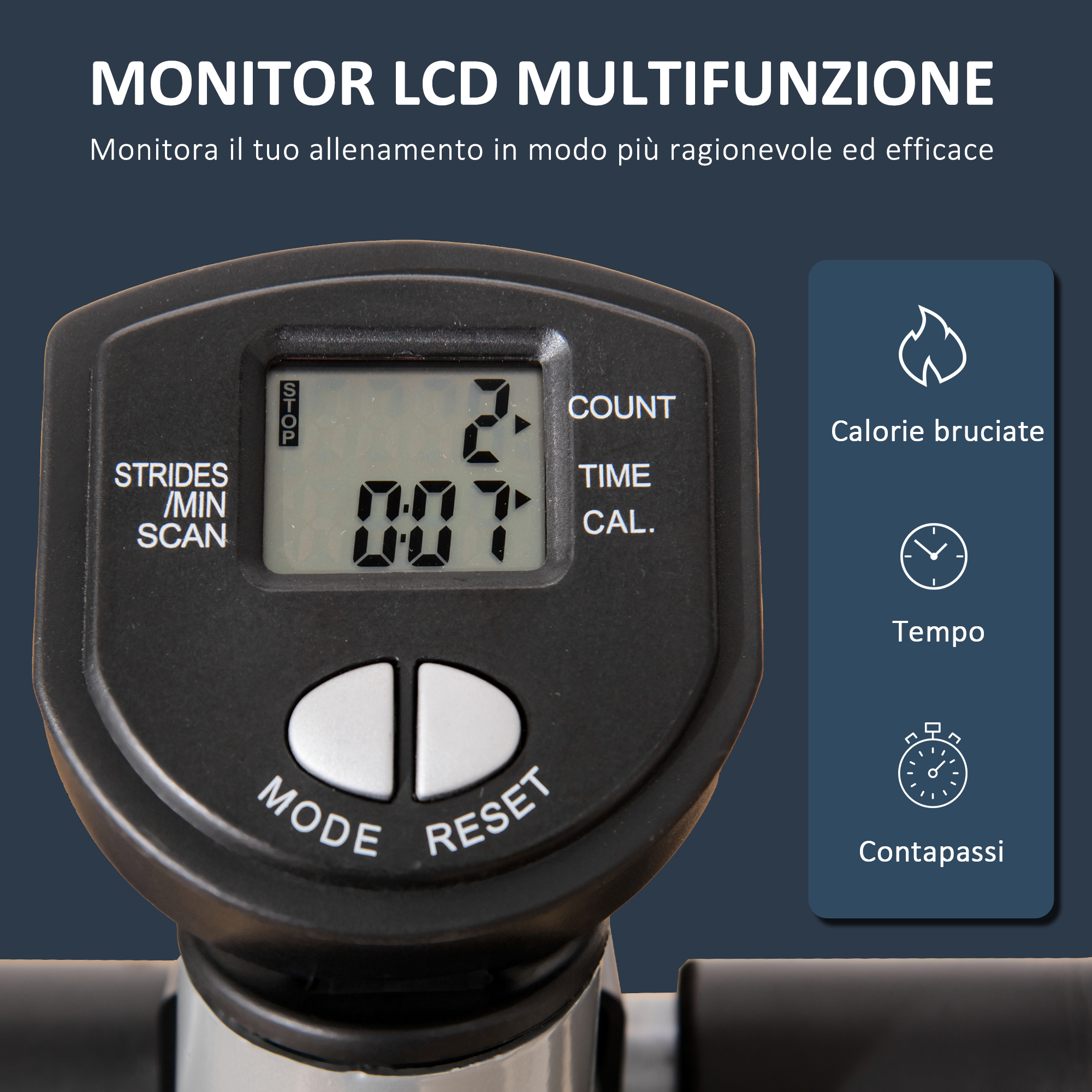 Monitor LCD per fitness che mostra dati di allenamento come calorie, tempo e conteggio.