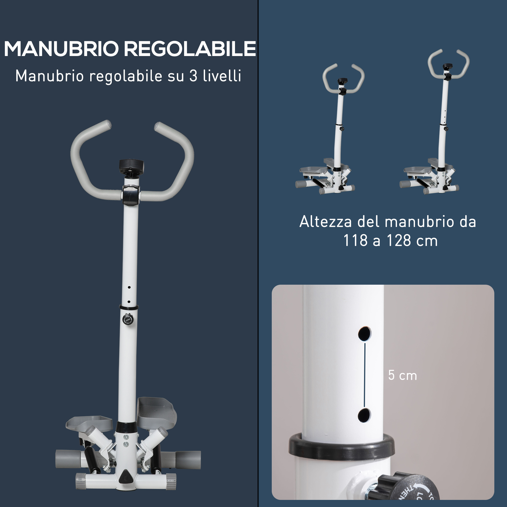 Manubrio regolabile per stepper con tre livelli di altezza da 118 a 128 cm e distanza di 5 cm.