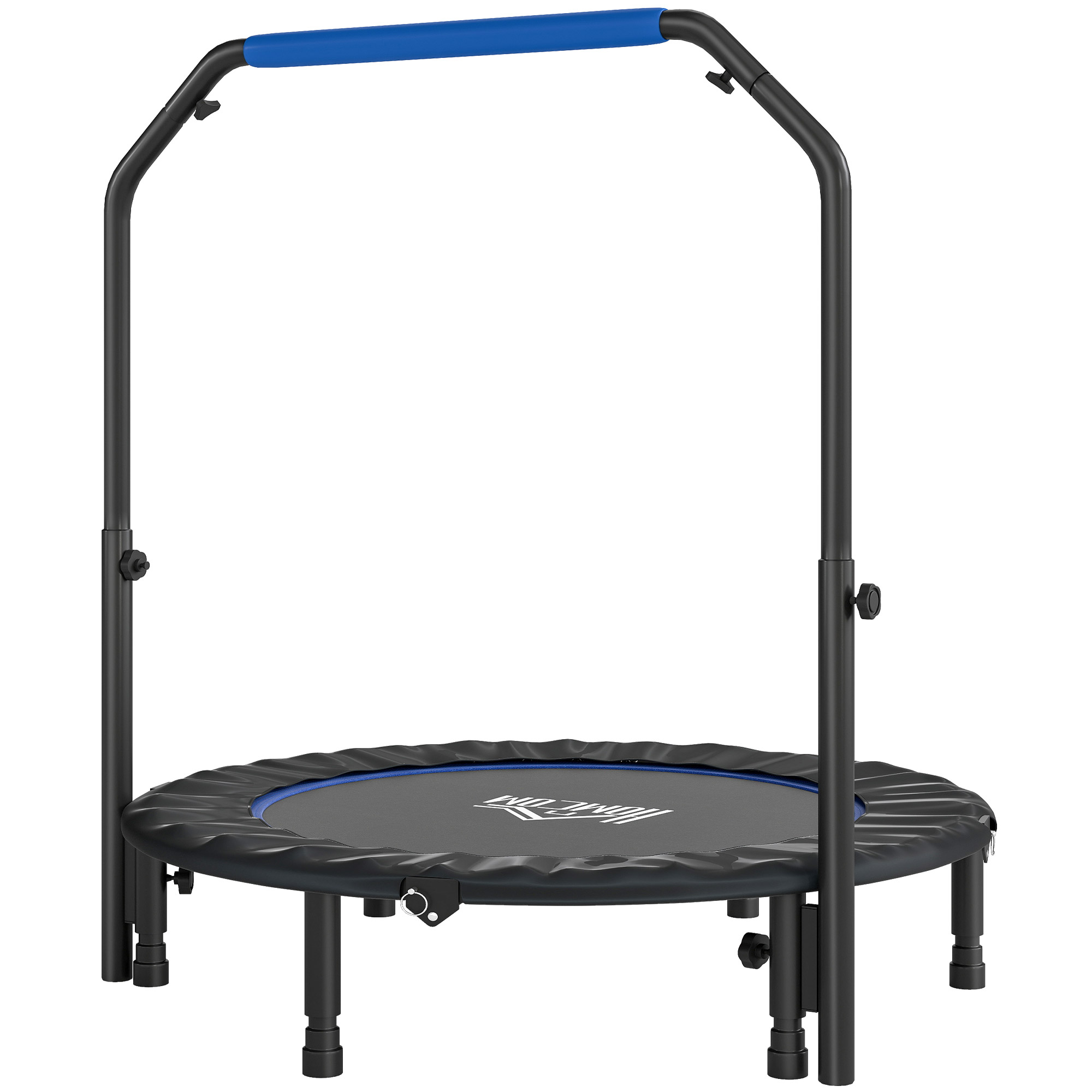 Un piccolo trampolino fitness nero con gambe corte e un manubrio alto con impugnatura blu.