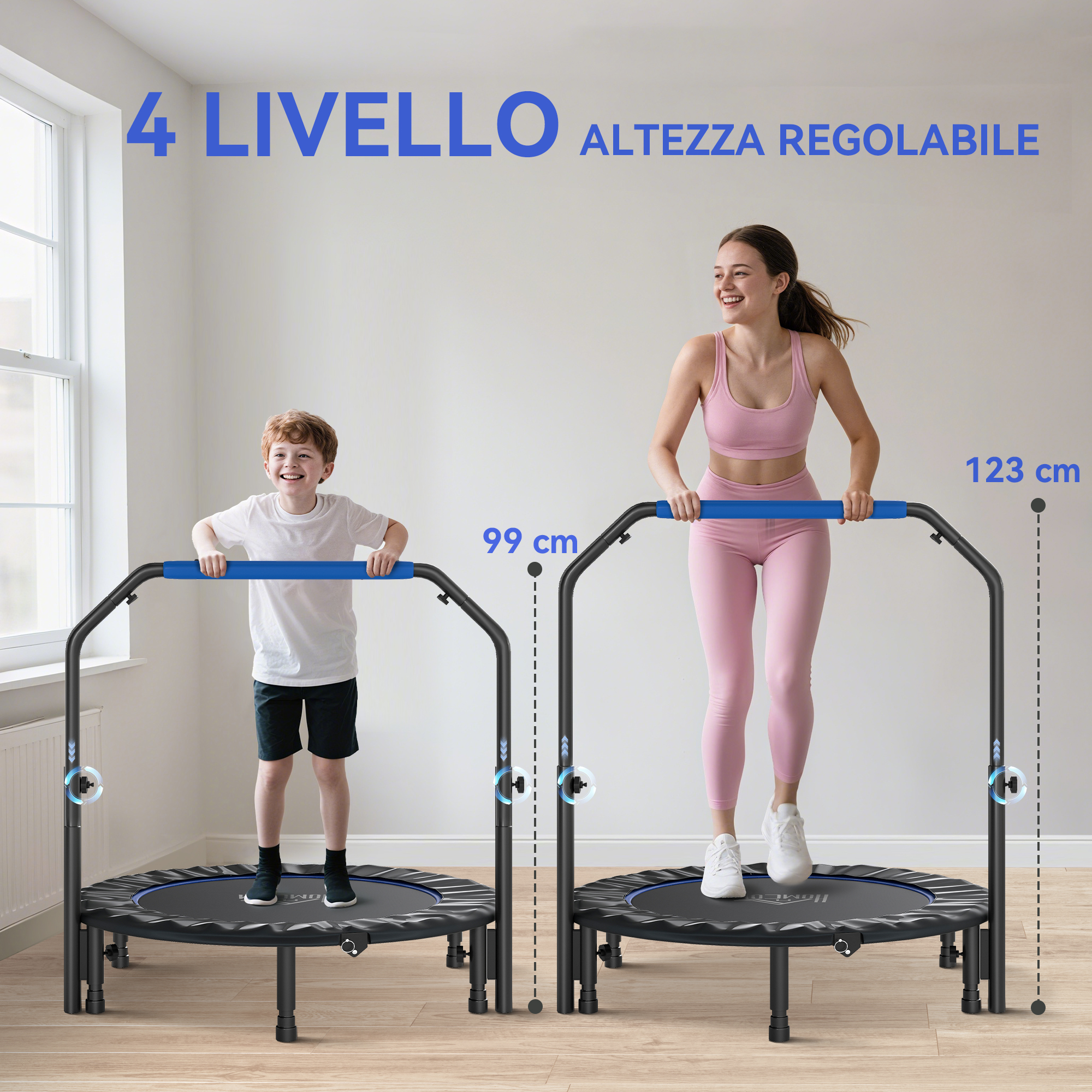Una donna e un bambino saltano su trampolini fitness regolabili in una stanza luminosa.