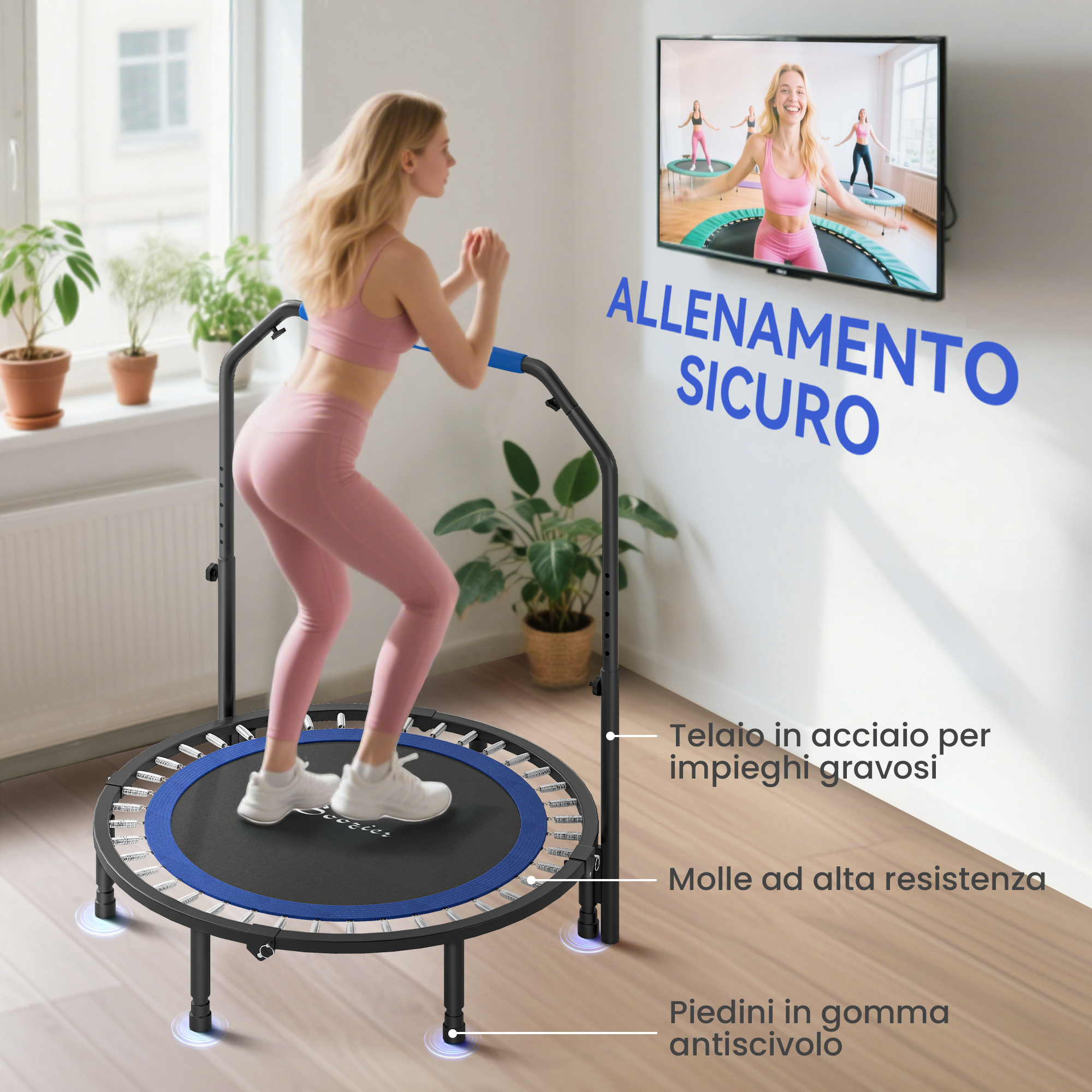 Donna in abbigliamento sportivo rosa fa squat su un minitrampolino guardando la TV.