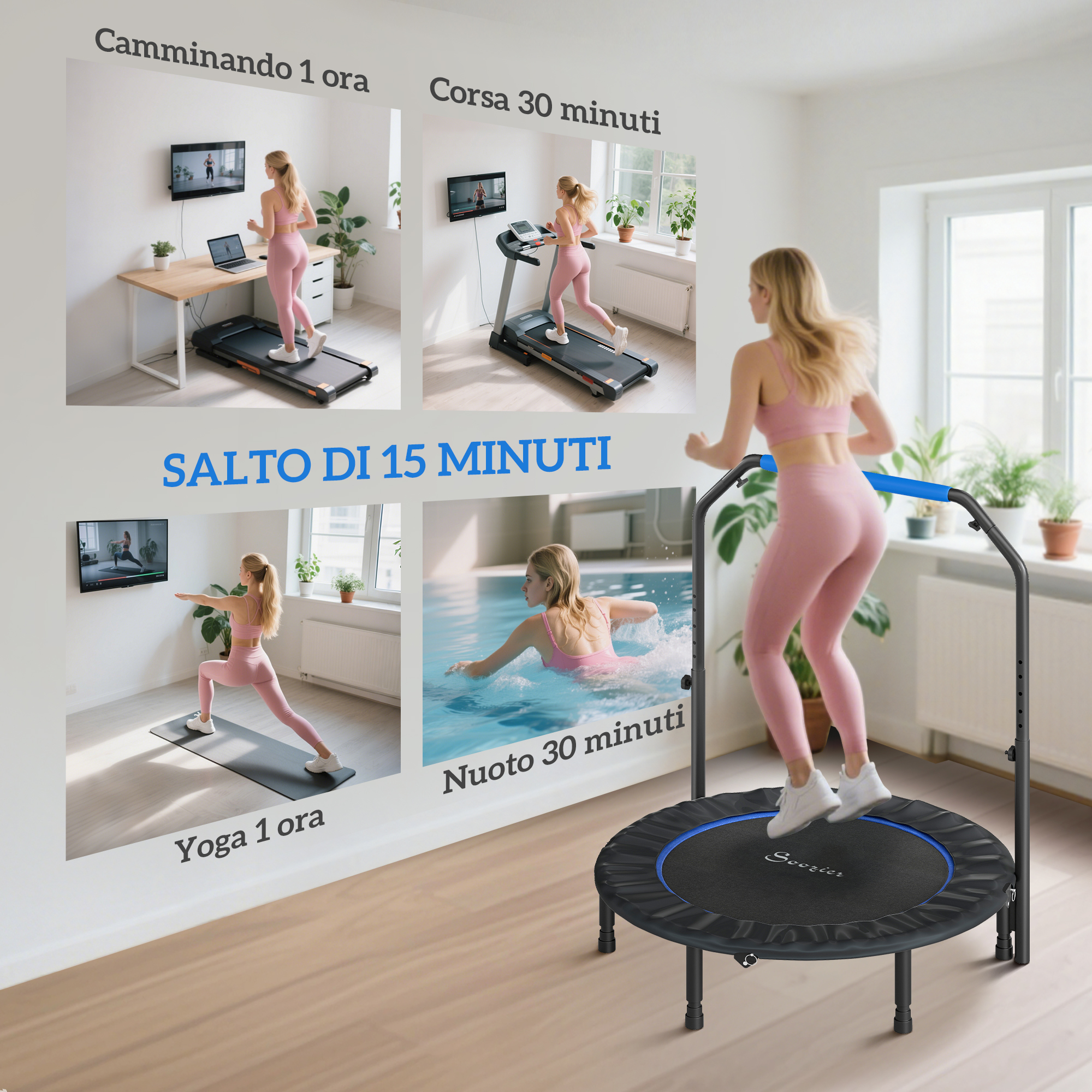 Una donna bionda in abbigliamento sportivo rosa mostra vari allenamenti come camminare, correre, yoga, nuotare e saltare.