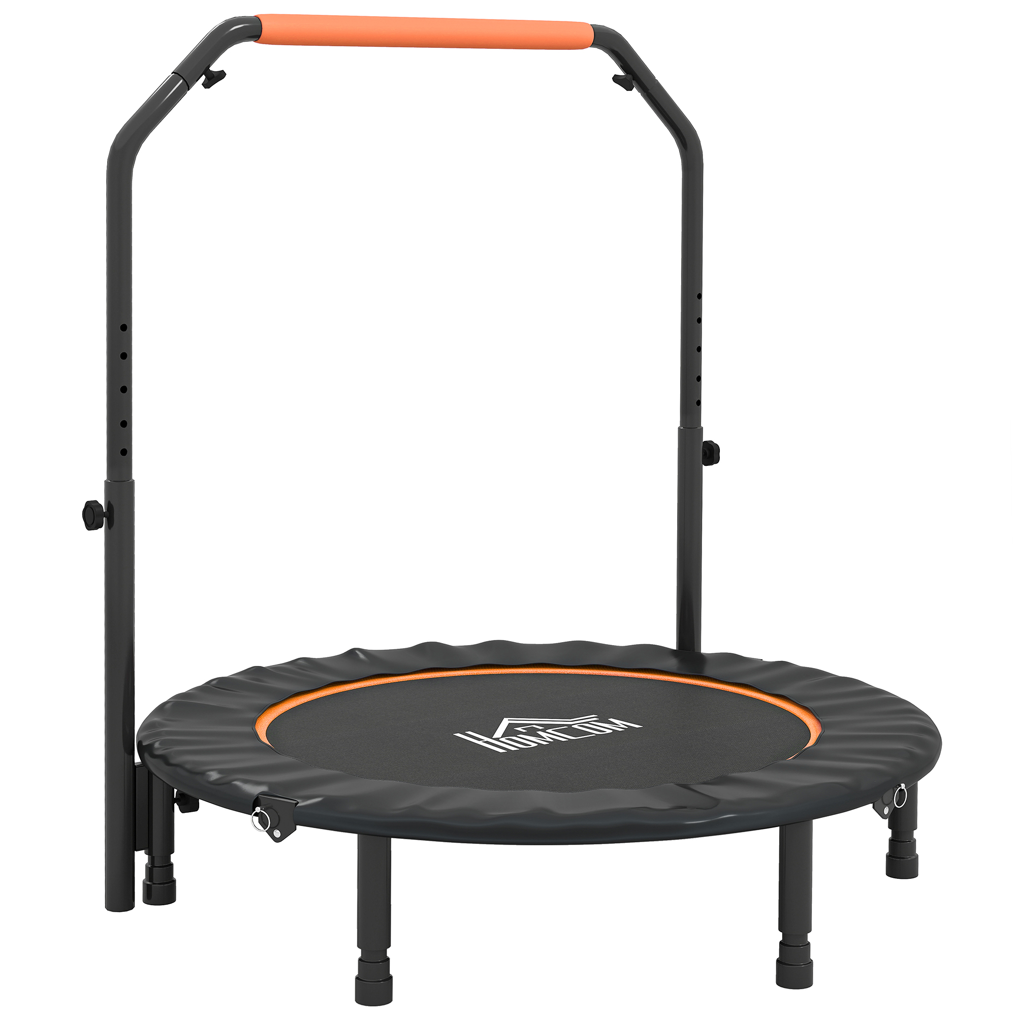 Un mini trampolino nero con bordo arancione e alto manubrio regolabile su sfondo bianco.