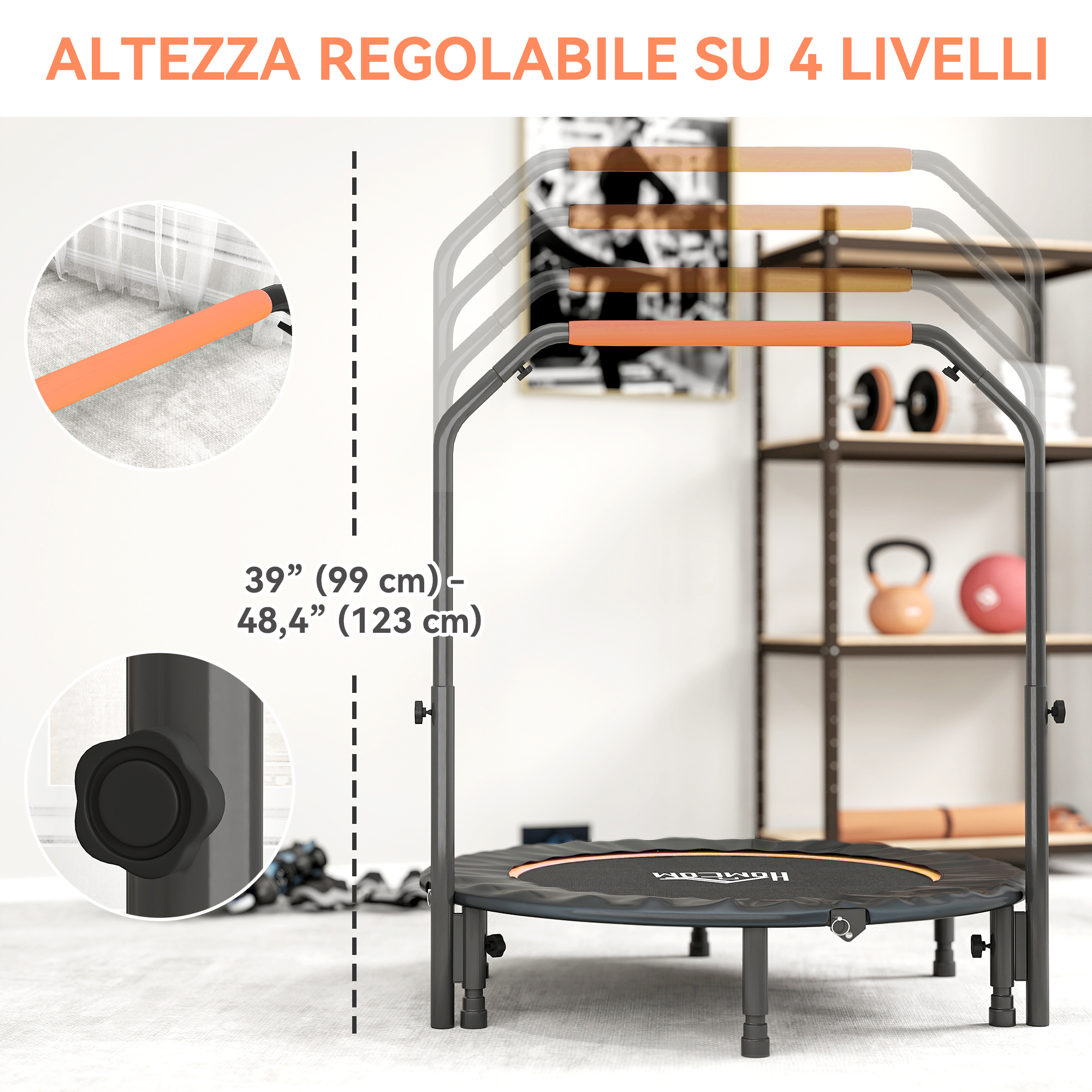 Trampolino fitness con maniglia regolabile in altezza su 4 livelli da 99 a 123 cm, con dettagli.