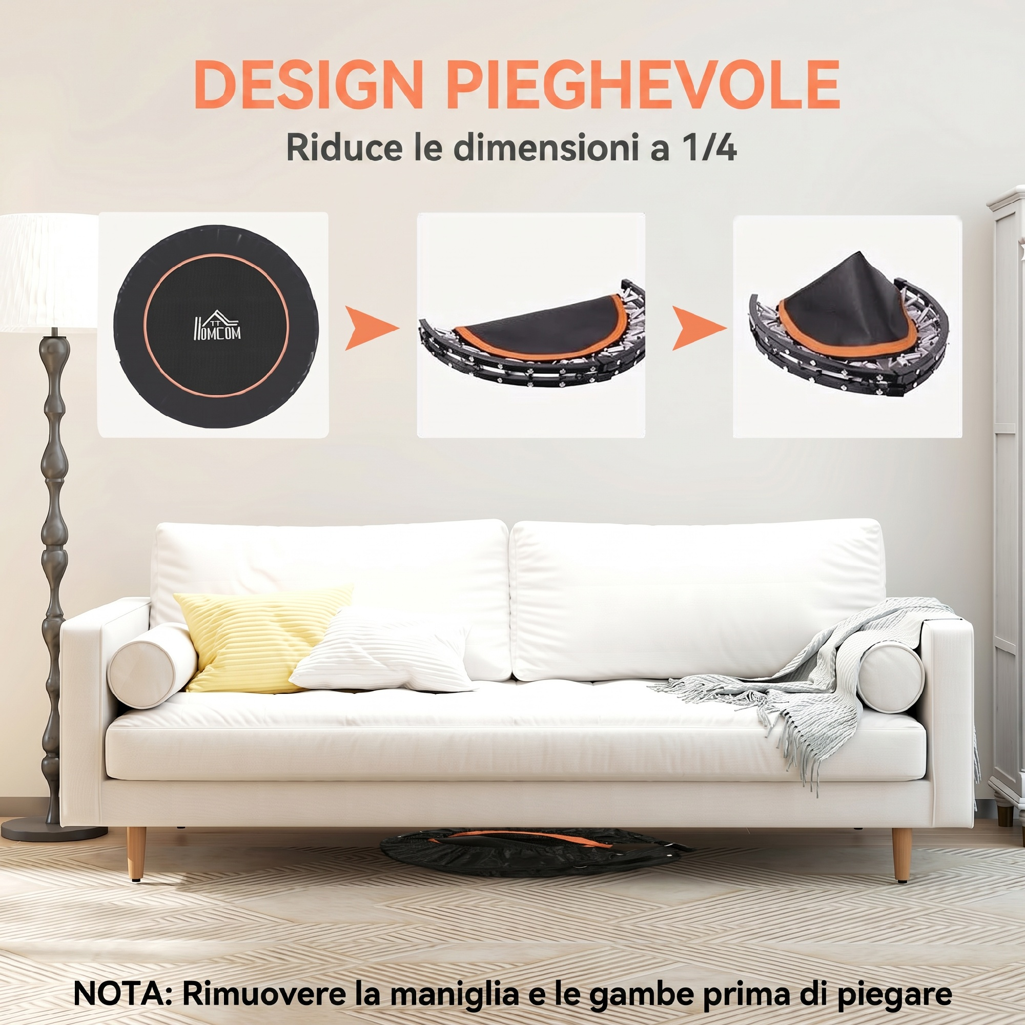 Grafica che mostra i passaggi per piegare un tappeto elastico sotto un divano.
