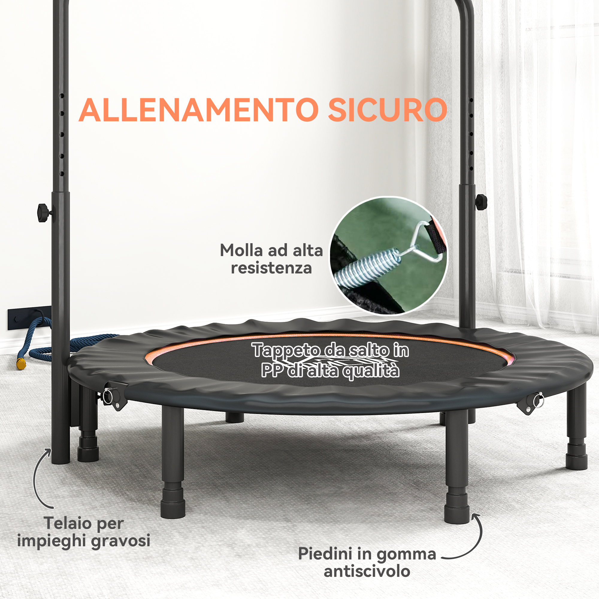 Un trampolino fitness nero con etichette in italiano che indicano telaio, molla e tappeto.