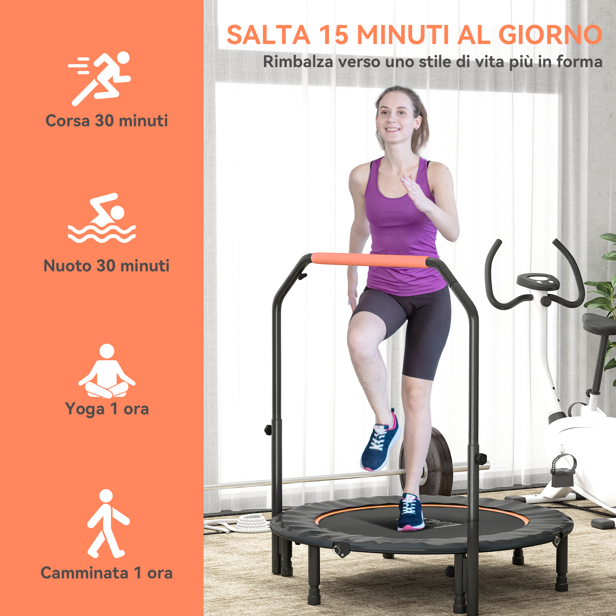 Una donna in abbigliamento sportivo corre su un mini trampolino con maniglione. A sinistra icone di esercizi su sfondo arancione.