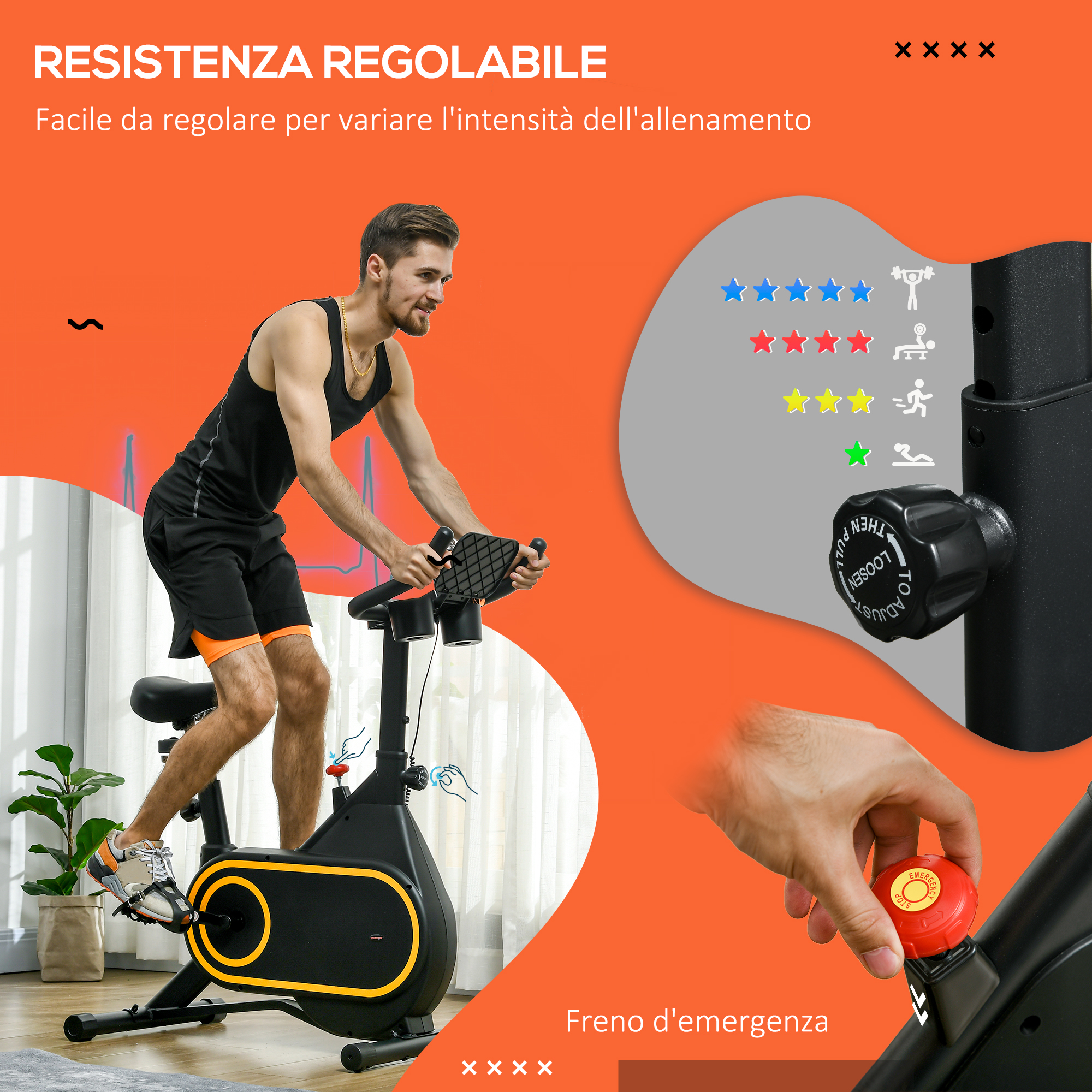 Un uomo usa una cyclette, con dettagli sulla manopola di resistenza e il freno.