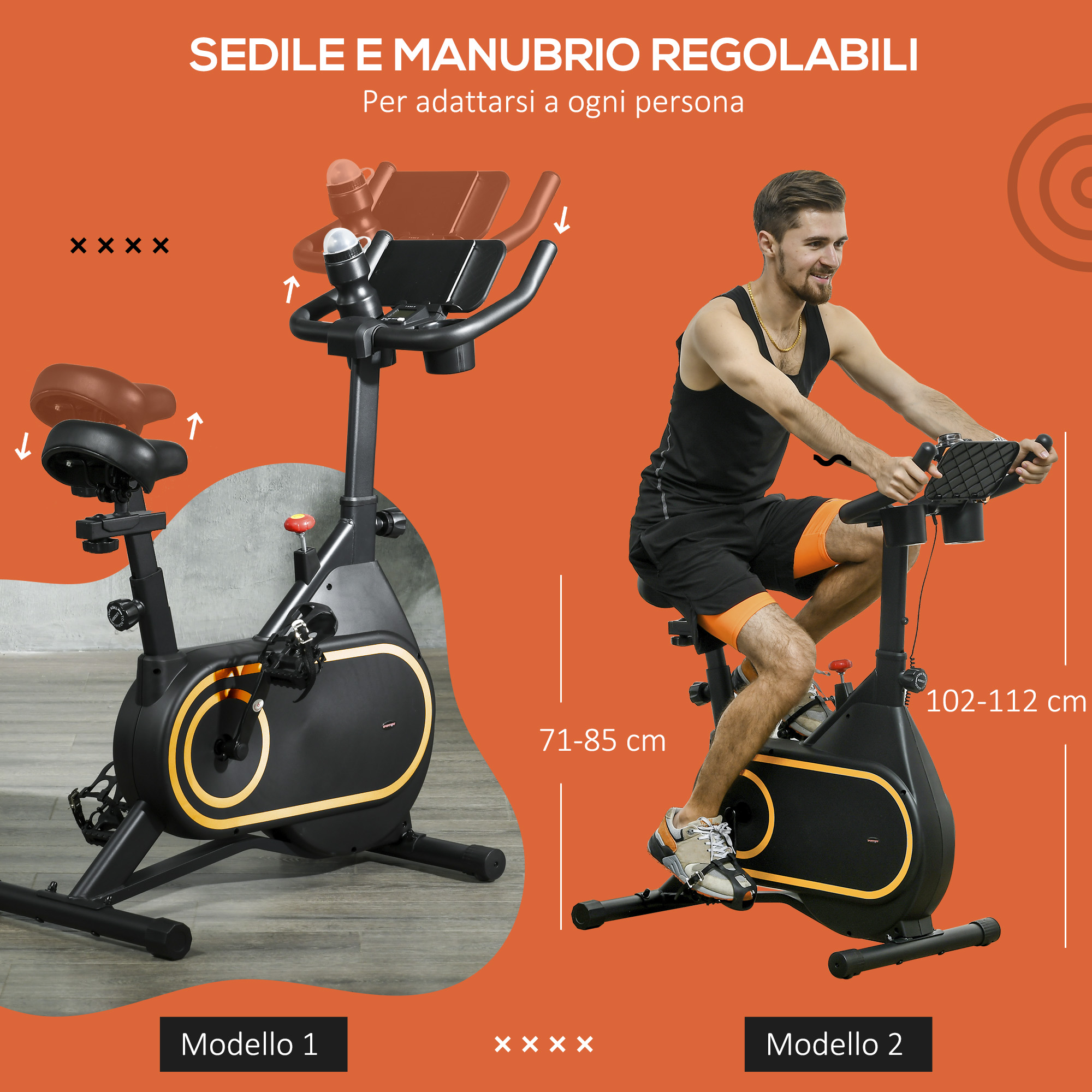 Un uomo si allena su una cyclette con sella e manubrio regolabili.