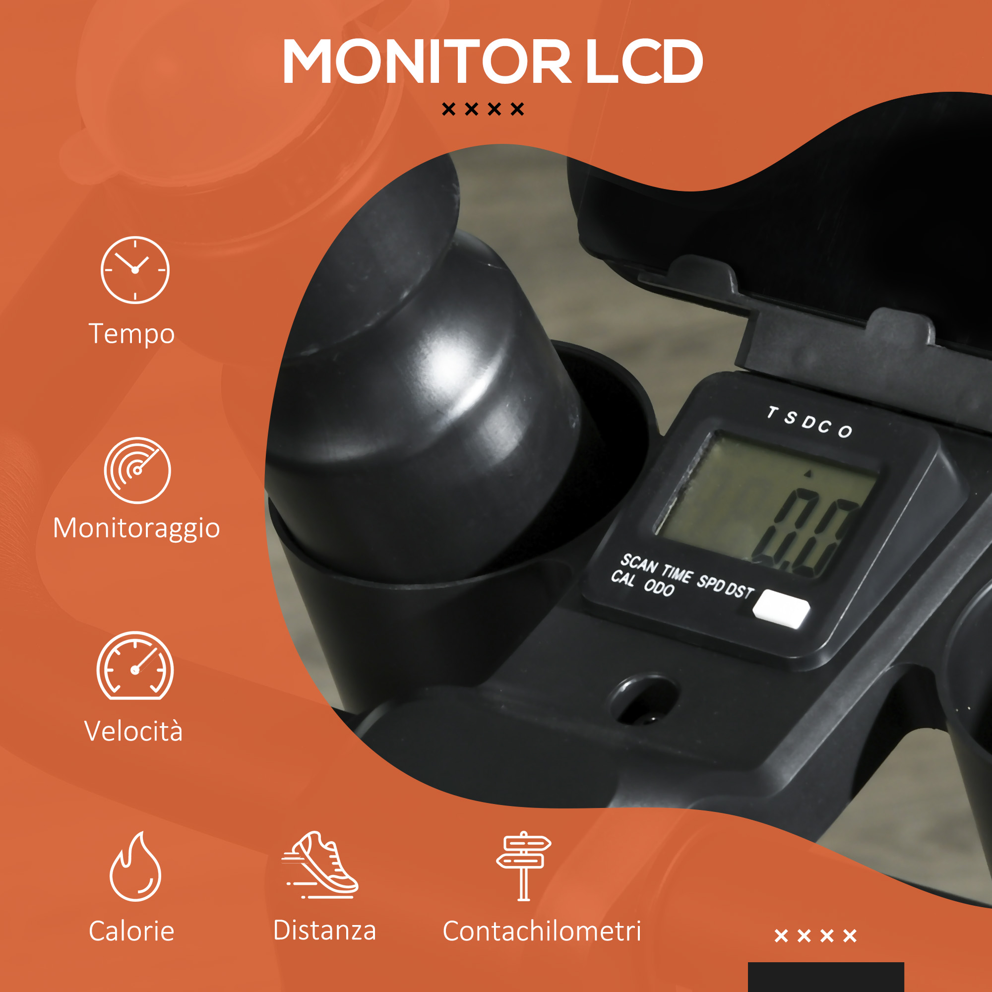 Monitor LCD di una cyclette con icone per tempo, velocità, distanza, calorie e battito cardiaco.
