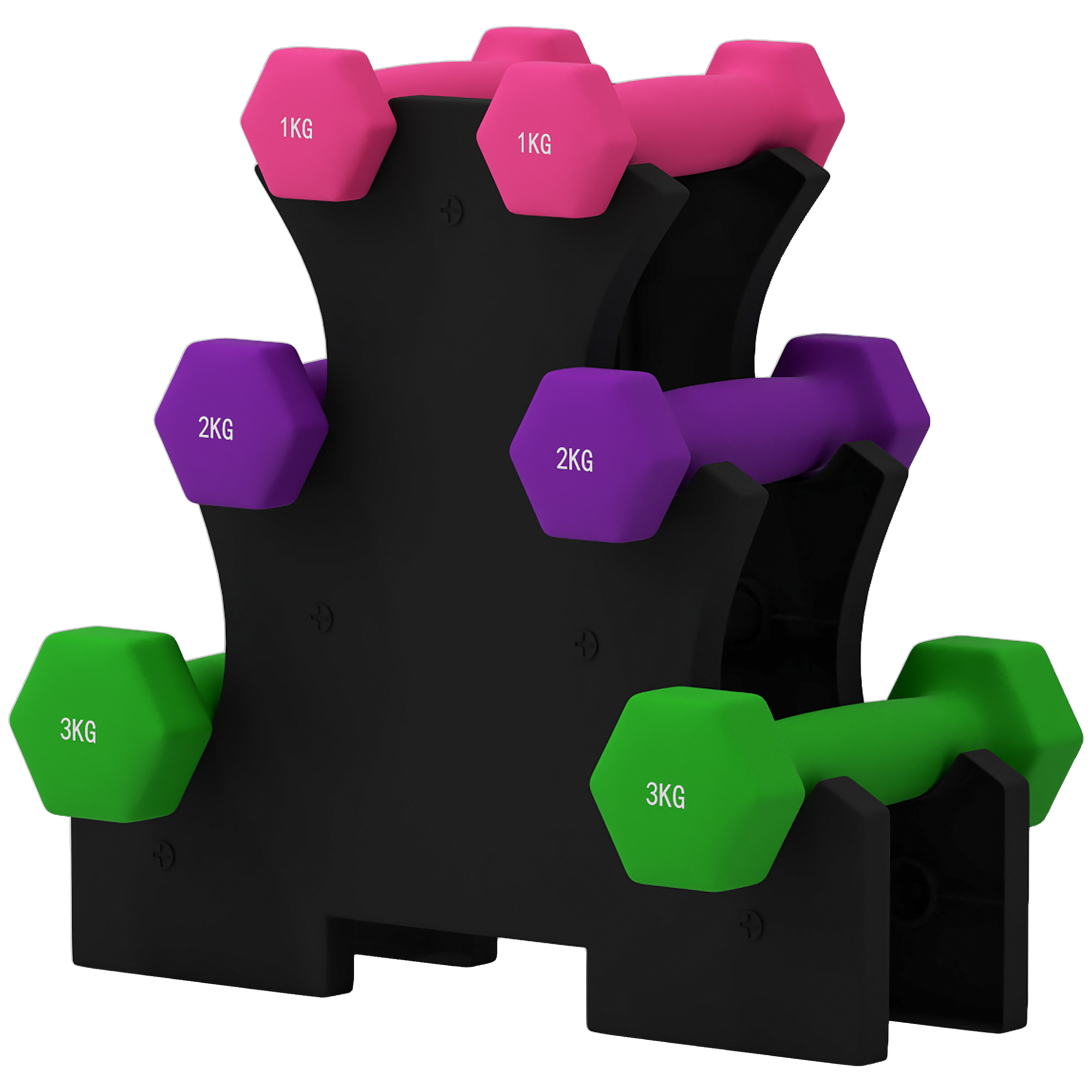 Un supporto per manubri nero con manubri colorati da 1 kg a 3 kg.
