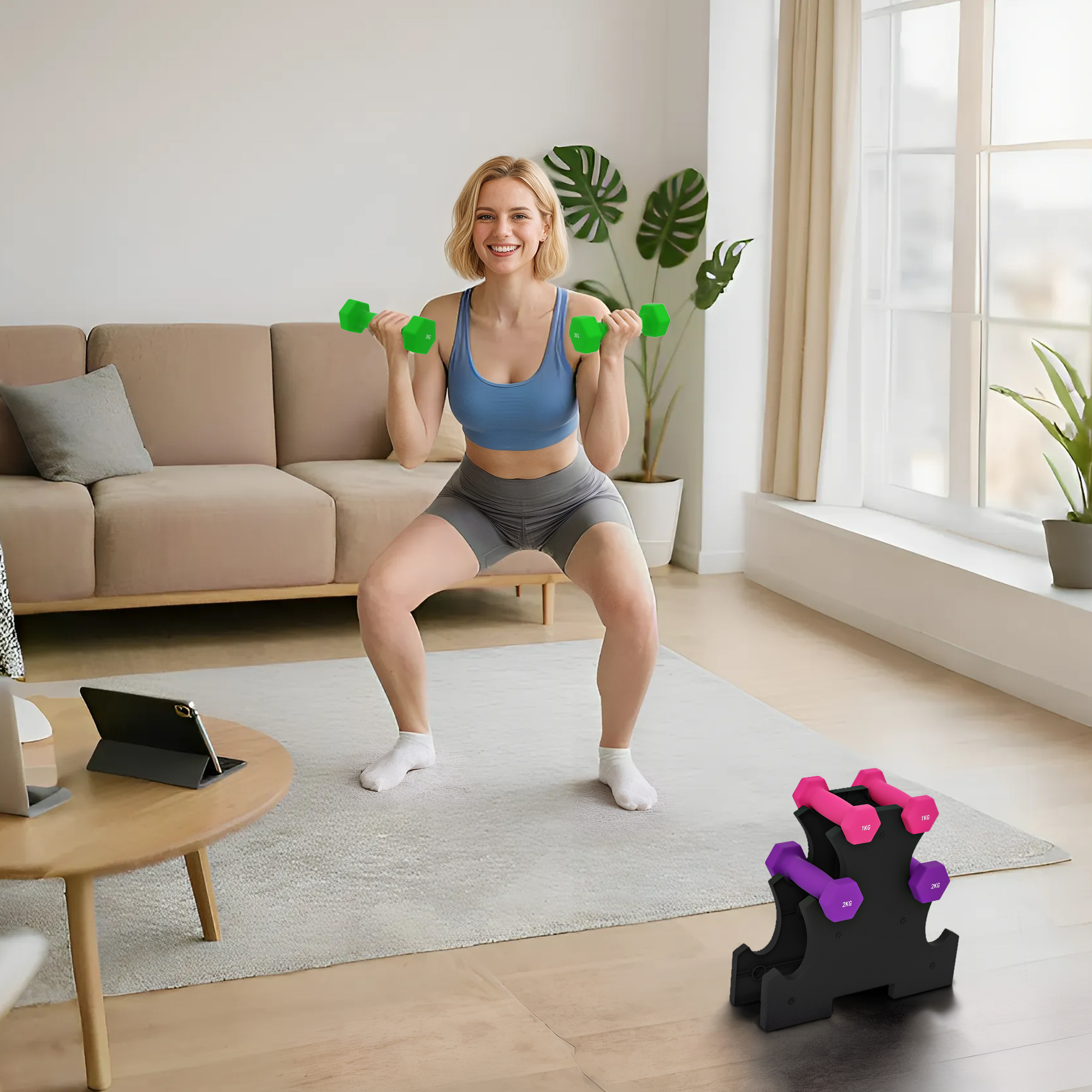 Una donna bionda con top blu e pantaloncini grigi fa squat tenendo manubri verdi in un soggiorno.